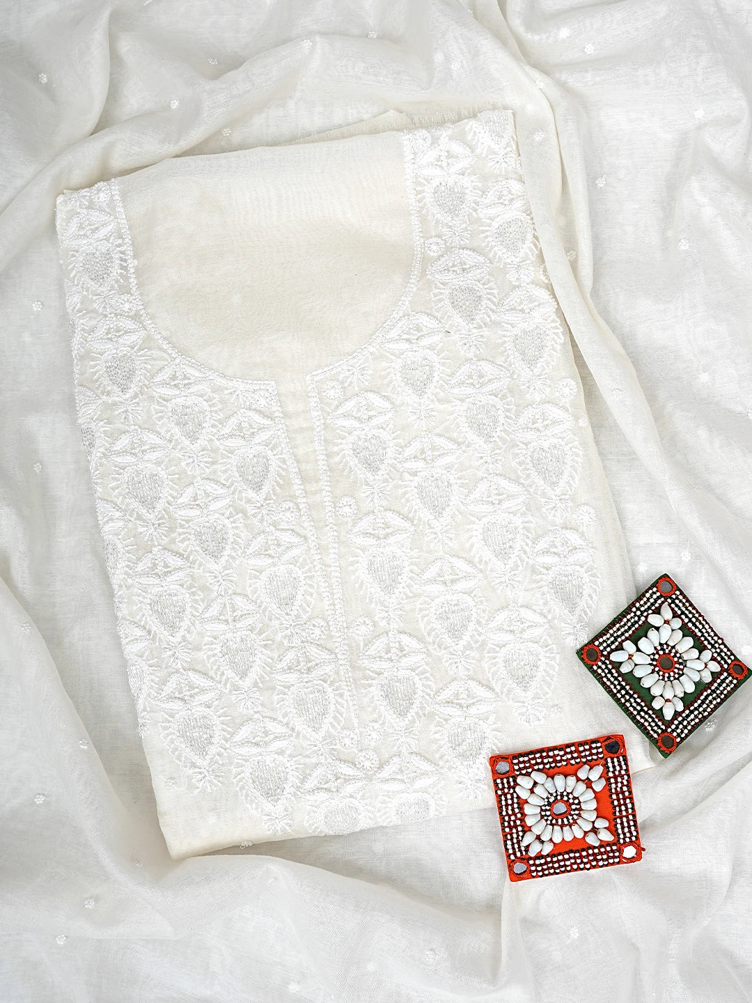 Ada Hand Embroidered White Chanderi Lucknowi Chikankari Unstitched Kurta Dupatta Set With Pearl Work 01A911085
