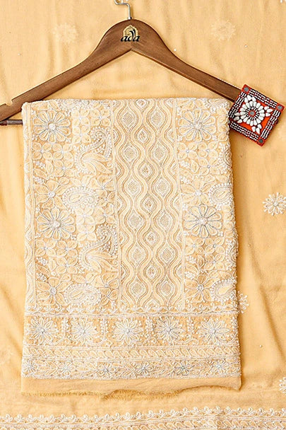 Ada Hand Embroidered Peach Pure Georgette Lucknowi Chikankari Unstitched Kurta Dupatta Set With Cutdana Work 01A712984