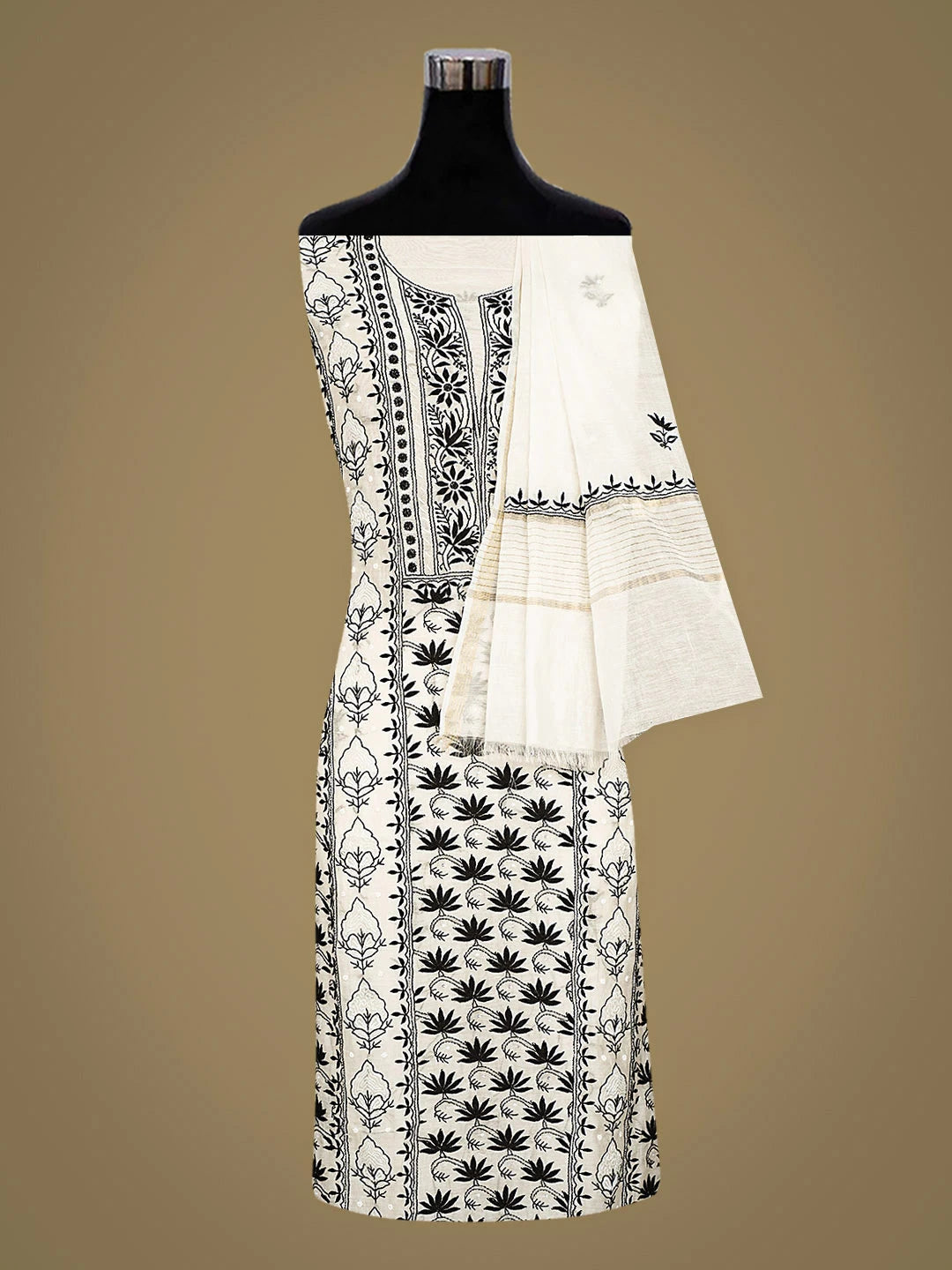 Ada Hand Embroidered White Chanderi Lucknowi Chikankari Unstitched Kurta Dupatta Set With Cutdana Work 01A778714