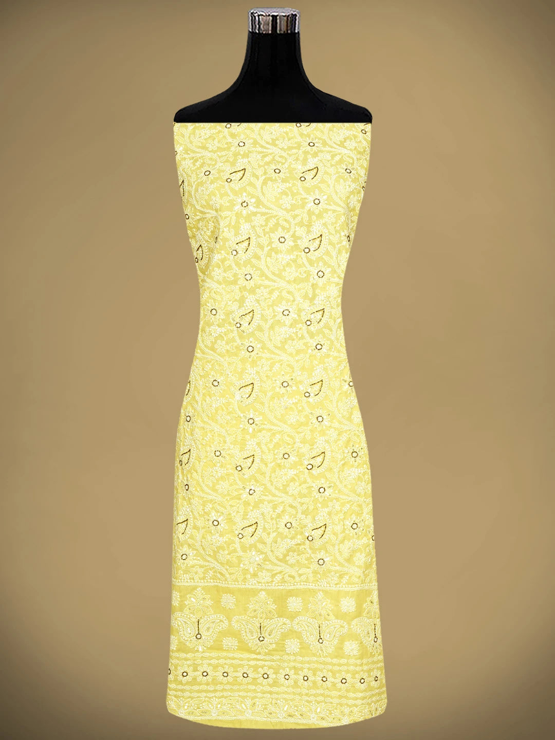 Ada Hand Embroidered Yellow Cotton Lucknowi Chikankari Unstitched Suit Piece With Cutdana Work 01A363024