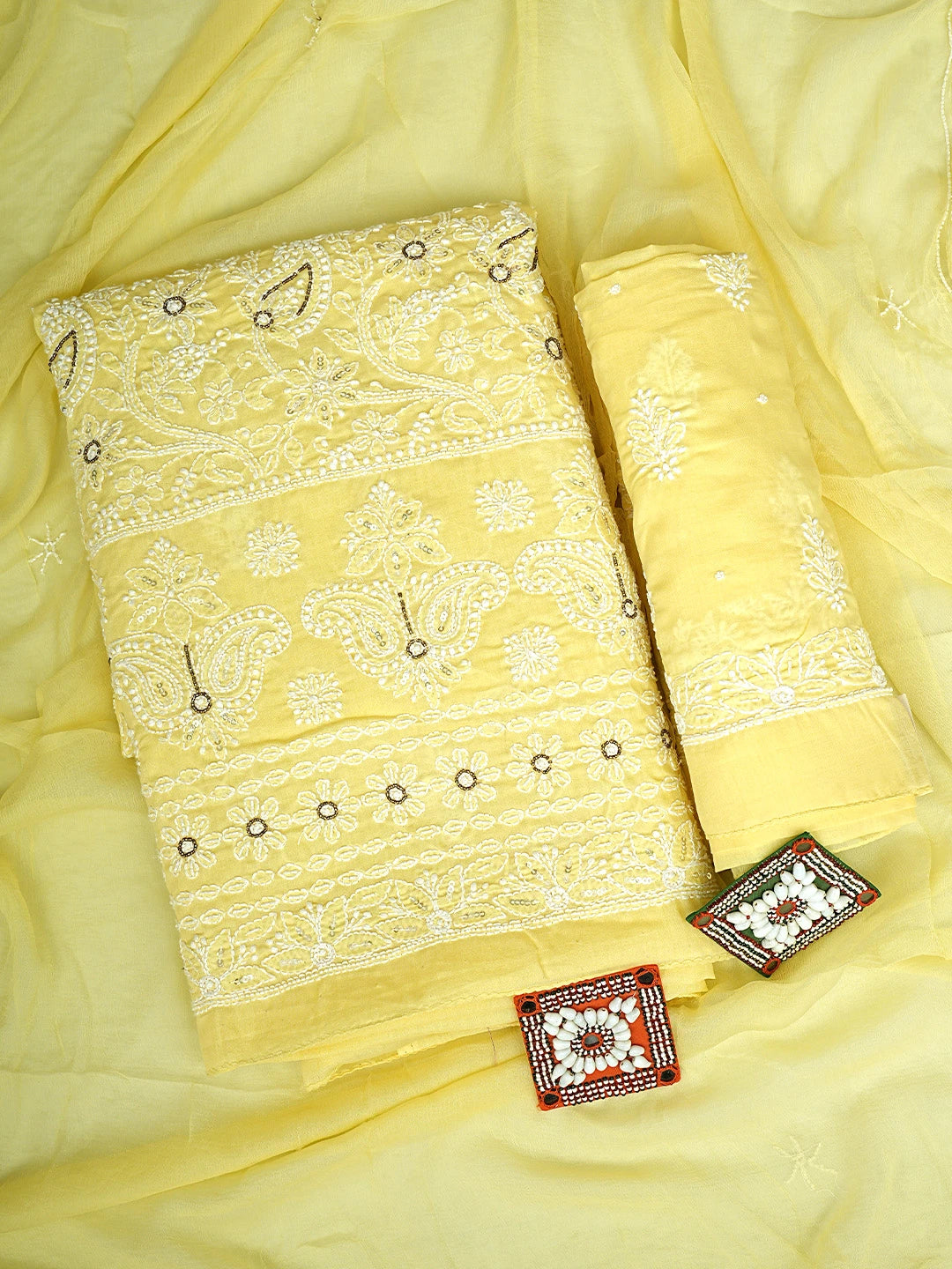 Ada Hand Embroidered Yellow Cotton Lucknowi Chikankari Unstitched Suit Piece With Cutdana Work 01A363024