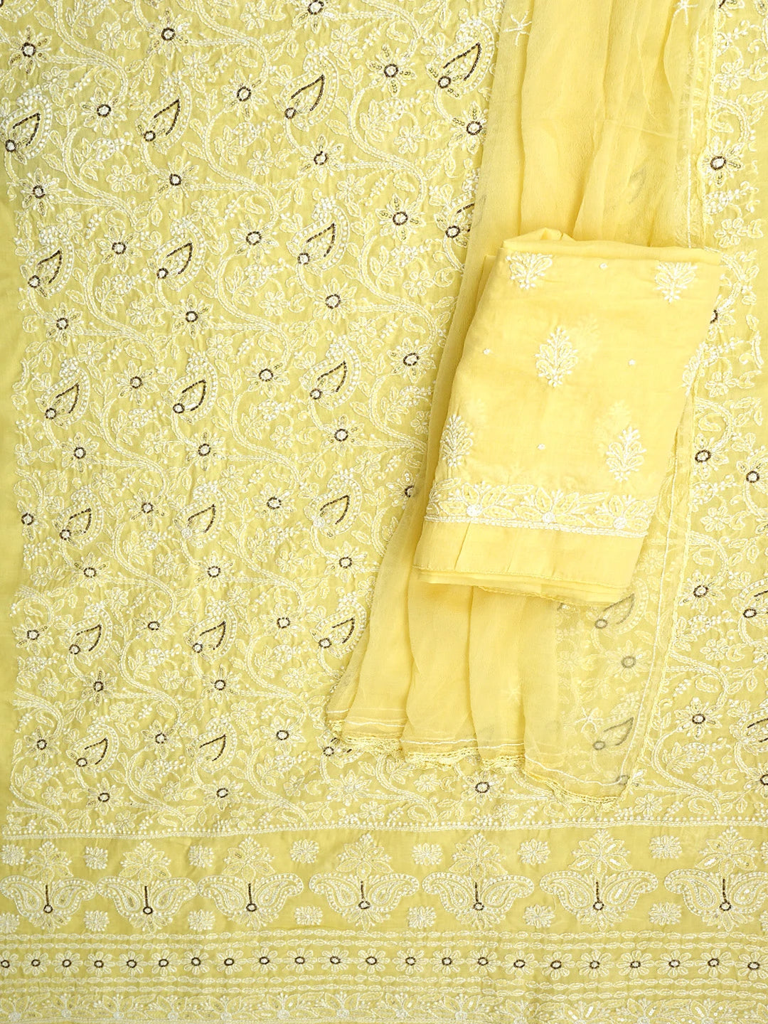 Ada Hand Embroidered Yellow Cotton Lucknowi Chikankari Unstitched Suit Piece With Cutdana Work 01A363024