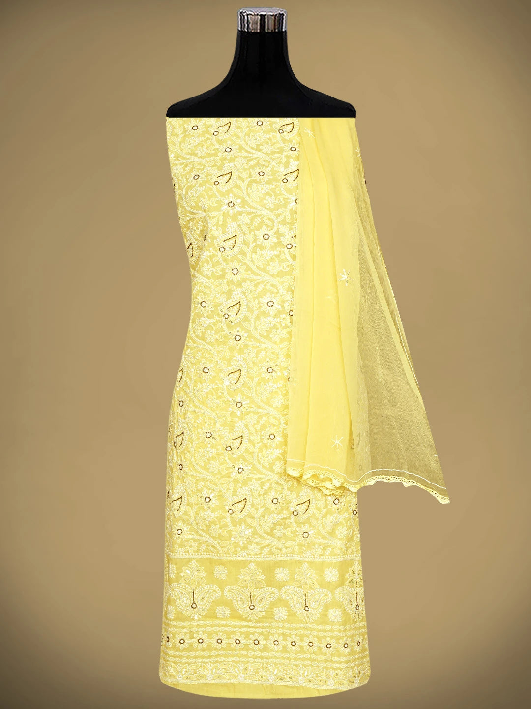 Ada Hand Embroidered Yellow Cotton Lucknowi Chikankari Unstitched Suit Piece With Cutdana Work 01A363024