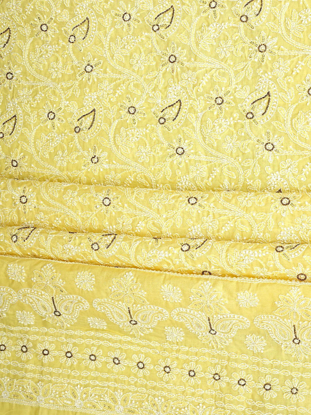 Ada Hand Embroidered Yellow Cotton Lucknowi Chikankari Unstitched Suit Piece With Cutdana Work 01A363024