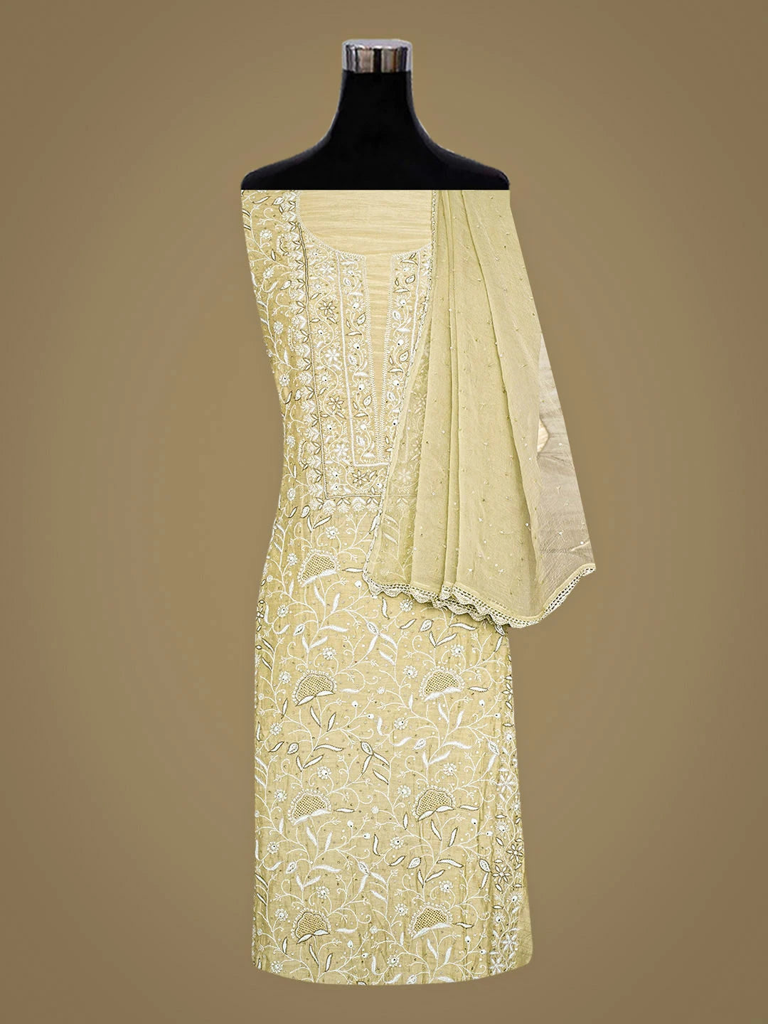 Ada Hand Embroidered Mehandi Green Maslin Lucknowi Chikankari Unstitched Suit Piece with Chiffon Dupatta 01A741698