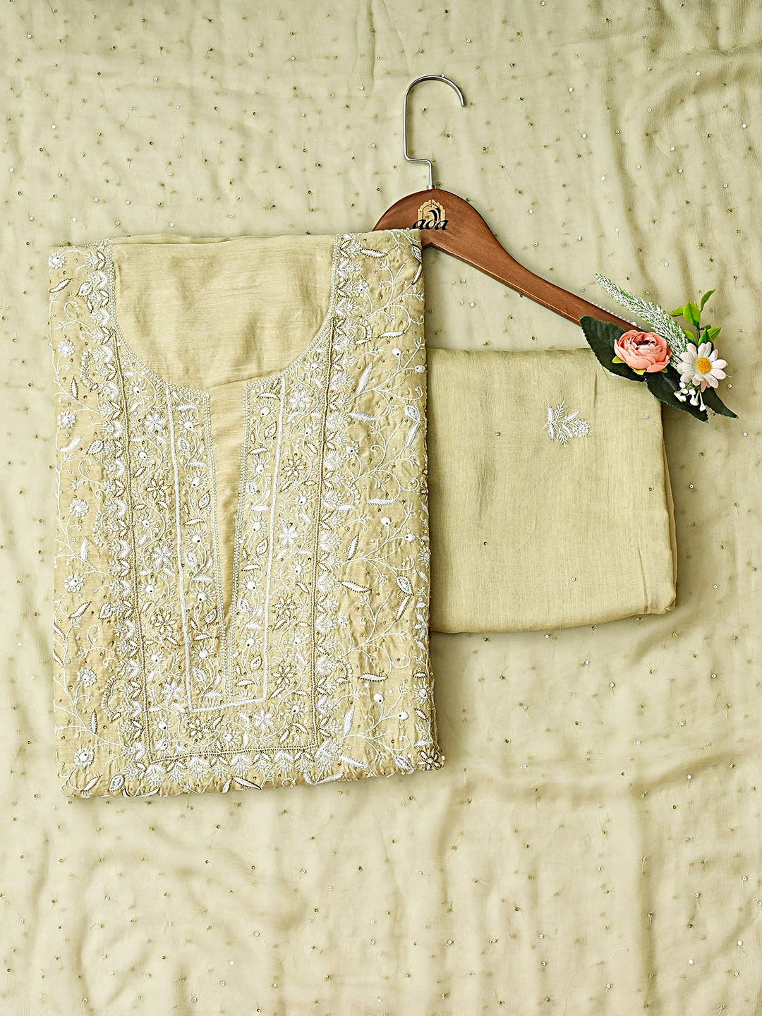 Ada Hand Embroidered Mehandi Green Maslin Lucknowi Chikankari Unstitched Suit Piece with Chiffon Dupatta 01A741698