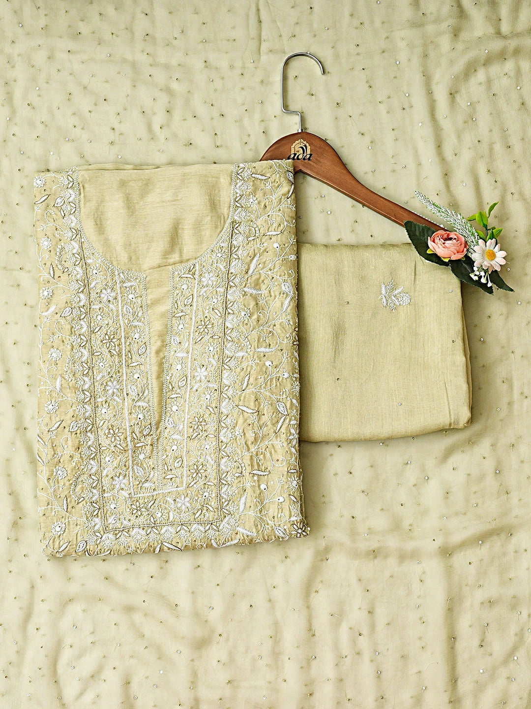 Ada Hand Embroidered Mehandi Green Maslin Lucknowi Chikankari Unstitched Suit Piece with Chiffon Dupatta 01A741698