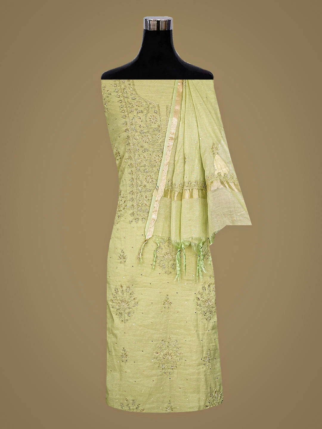 Ada Hand Embroidered Palm Leaf Green Chanderi Lucknowi Chikankari Unstitched Kurta Dupatta Set With Cutdana Work 01A789512