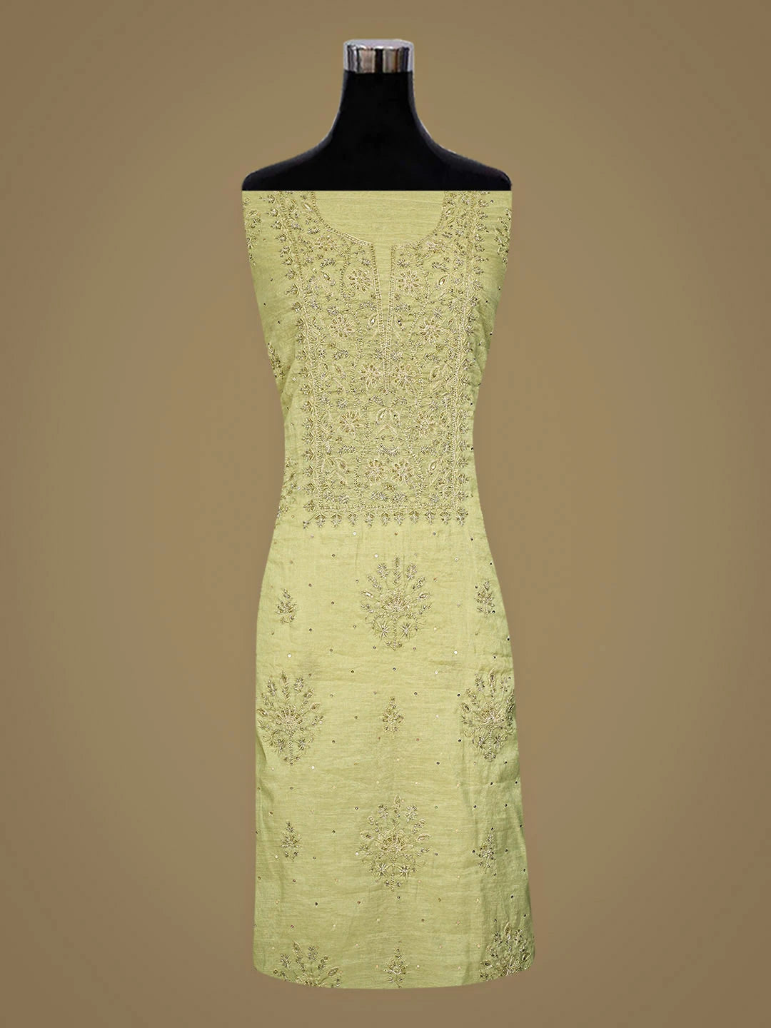 Ada Hand Embroidered Palm Leaf Green Chanderi Lucknowi Chikankari Unstitched Kurta Dupatta Set With Cutdana Work 01A789512