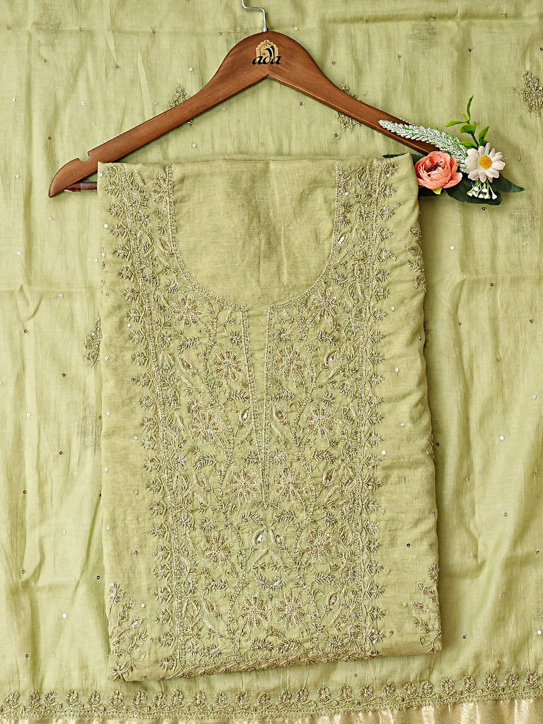 Ada Hand Embroidered Palm Leaf Green Chanderi Lucknowi Chikankari Unstitched Kurta Dupatta Set With Cutdana Work 01A789512