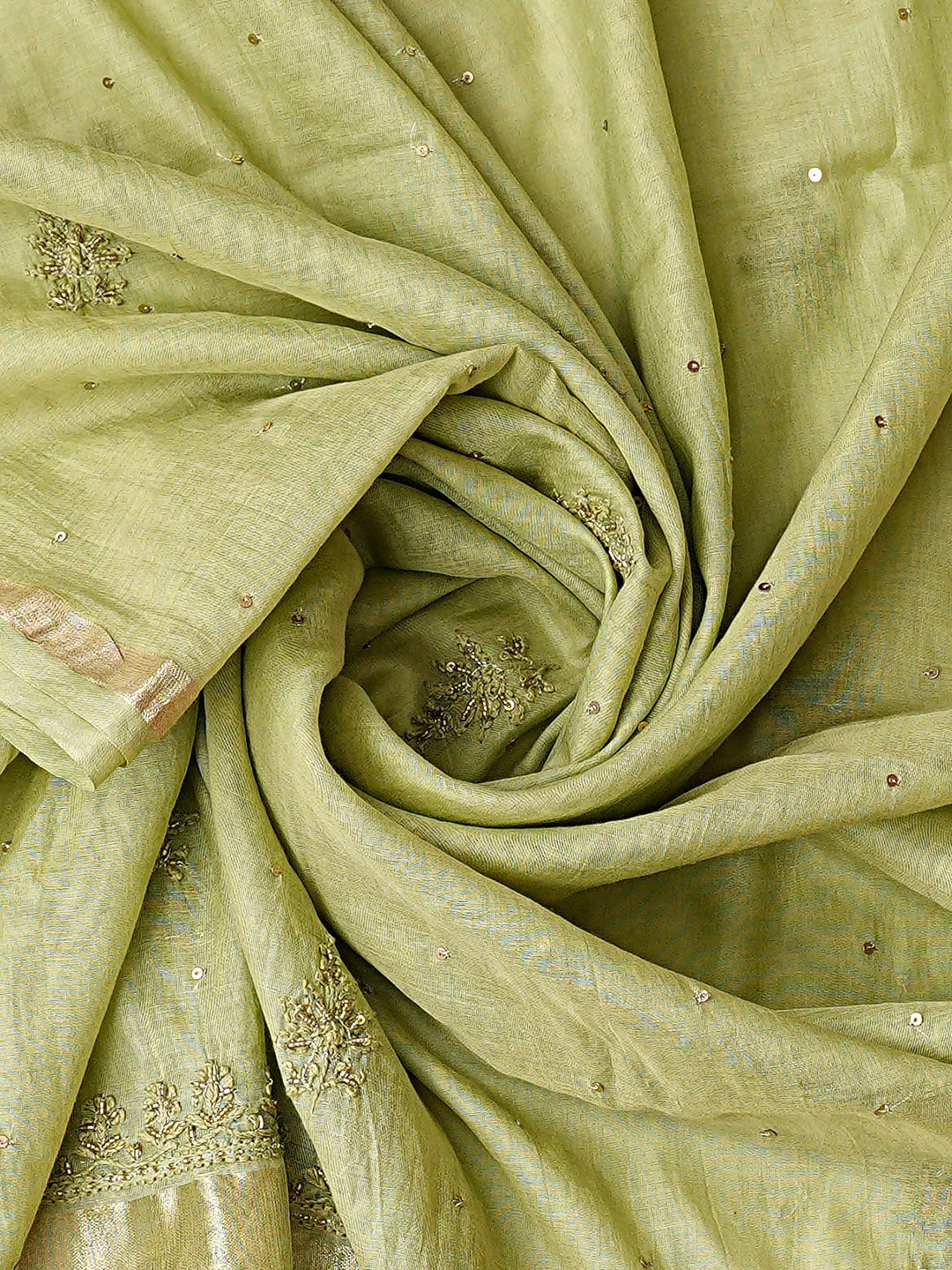 Ada Hand Embroidered Palm Leaf Green Chanderi Lucknowi Chikankari Unstitched Kurta Dupatta Set With Cutdana Work 01A789512