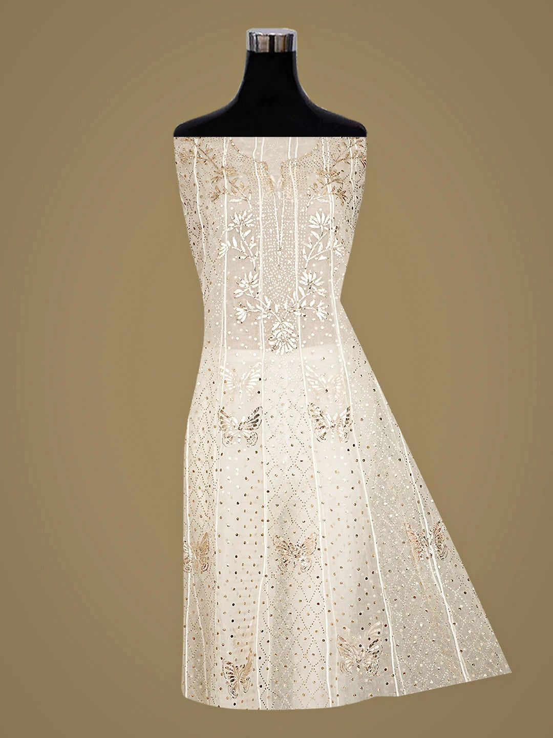 Ada Hand Embroidered Off White Organza Lucknowi Chikankari Semi-Stitched Anarkali Kurta Dupatta Set With Muqaish Work 01A907756