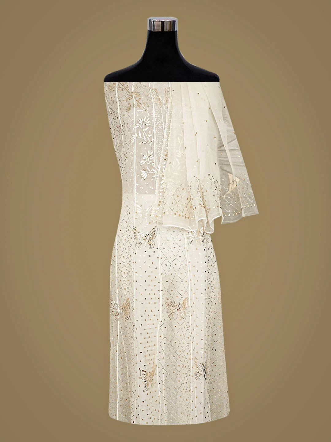 Ada Hand Embroidered Off White Organza Lucknowi Chikankari Semi-Stitched Anarkali Kurta Dupatta Set With Muqaish Work 01A907756