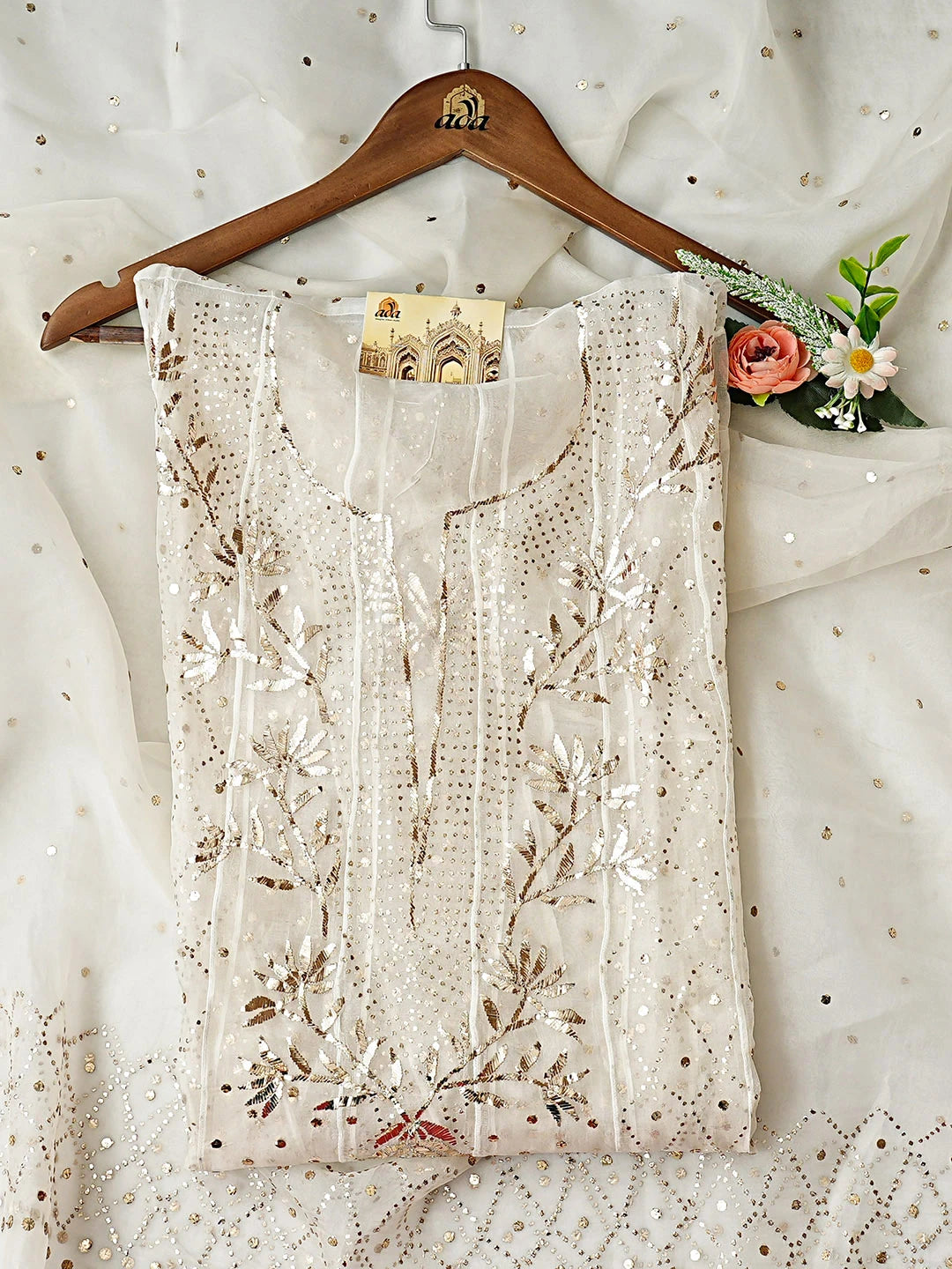 Ada Hand Embroidered Off White Organza Lucknowi Chikankari Semi-Stitched Anarkali Kurta Dupatta Set With Muqaish Work 01A907756