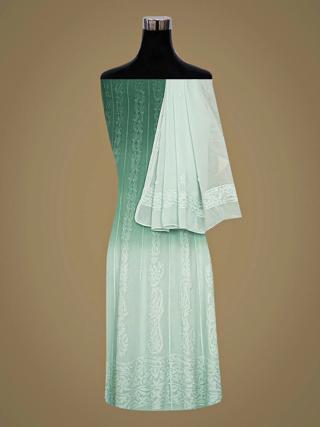 Ada Hand Embroidered Ombre Shade Of Hunter Green & Celadon Green Viscose Georgette Lucknowi Chikankari Semi-Stitched Anarkali Kurta Dupatta Set 01A879063