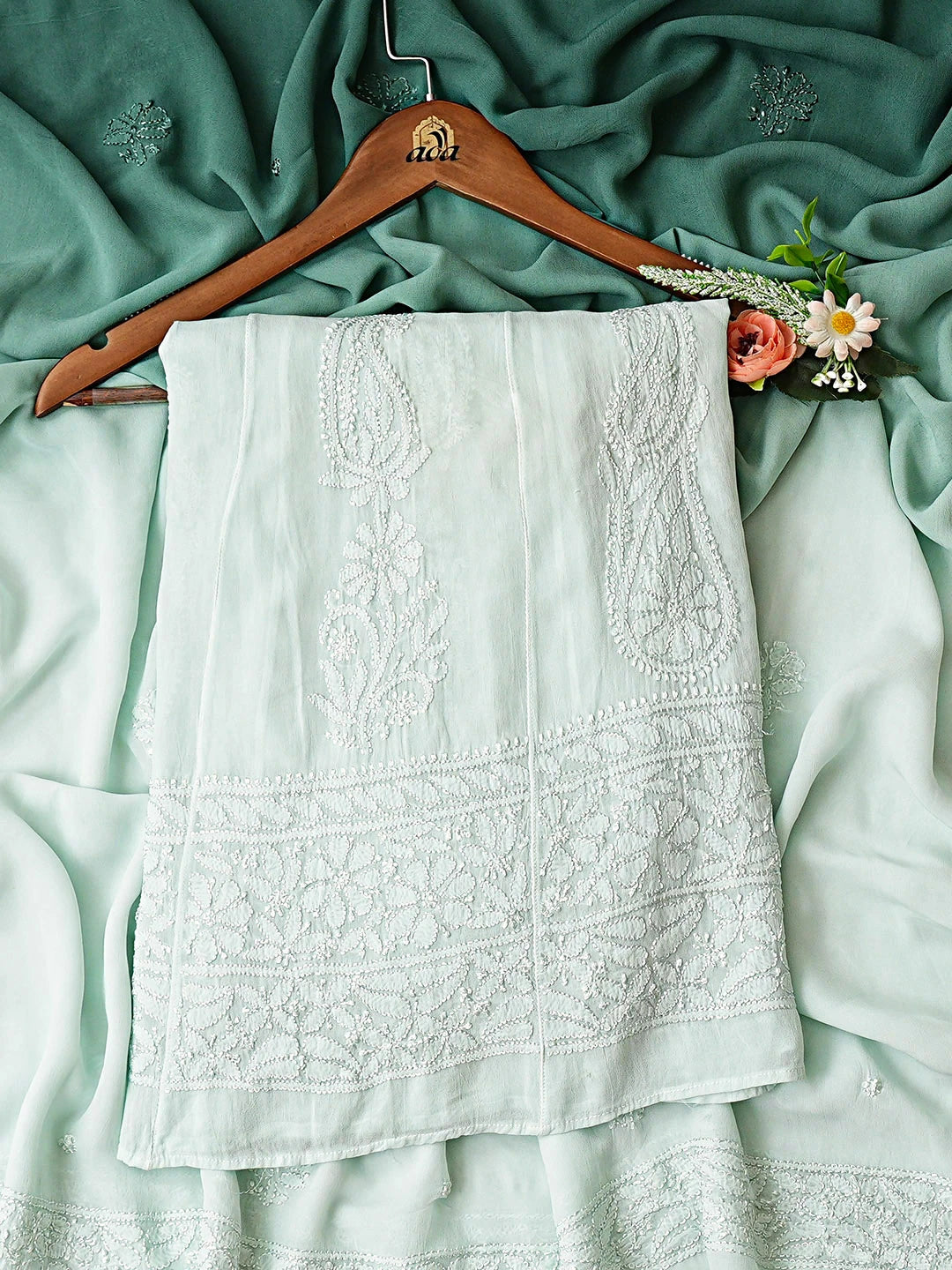 Ada Hand Embroidered Ombre Shade Of Hunter Green & Celadon Green Viscose Georgette Lucknowi Chikankari Semi-Stitched Anarkali Kurta Dupatta Set 01A879063