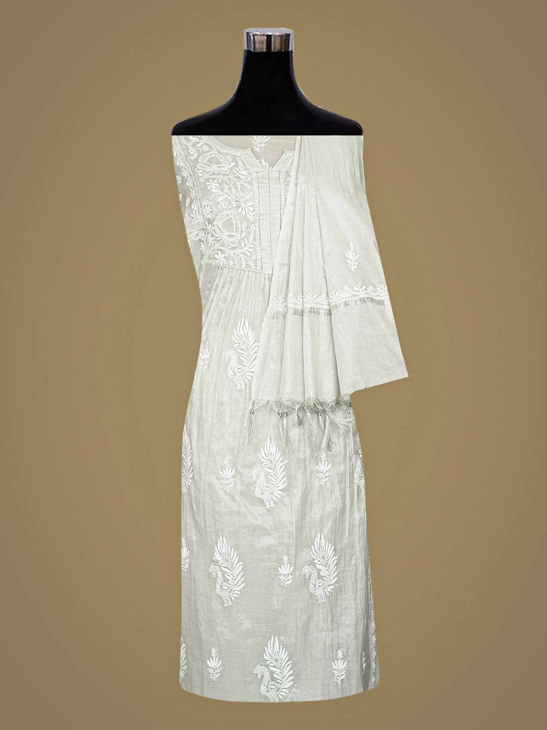 Ada Hand Embroidered Grey Tissue Lucknowi Chikankari Semi-Stitched Kurta Dupatta Set 01A912366