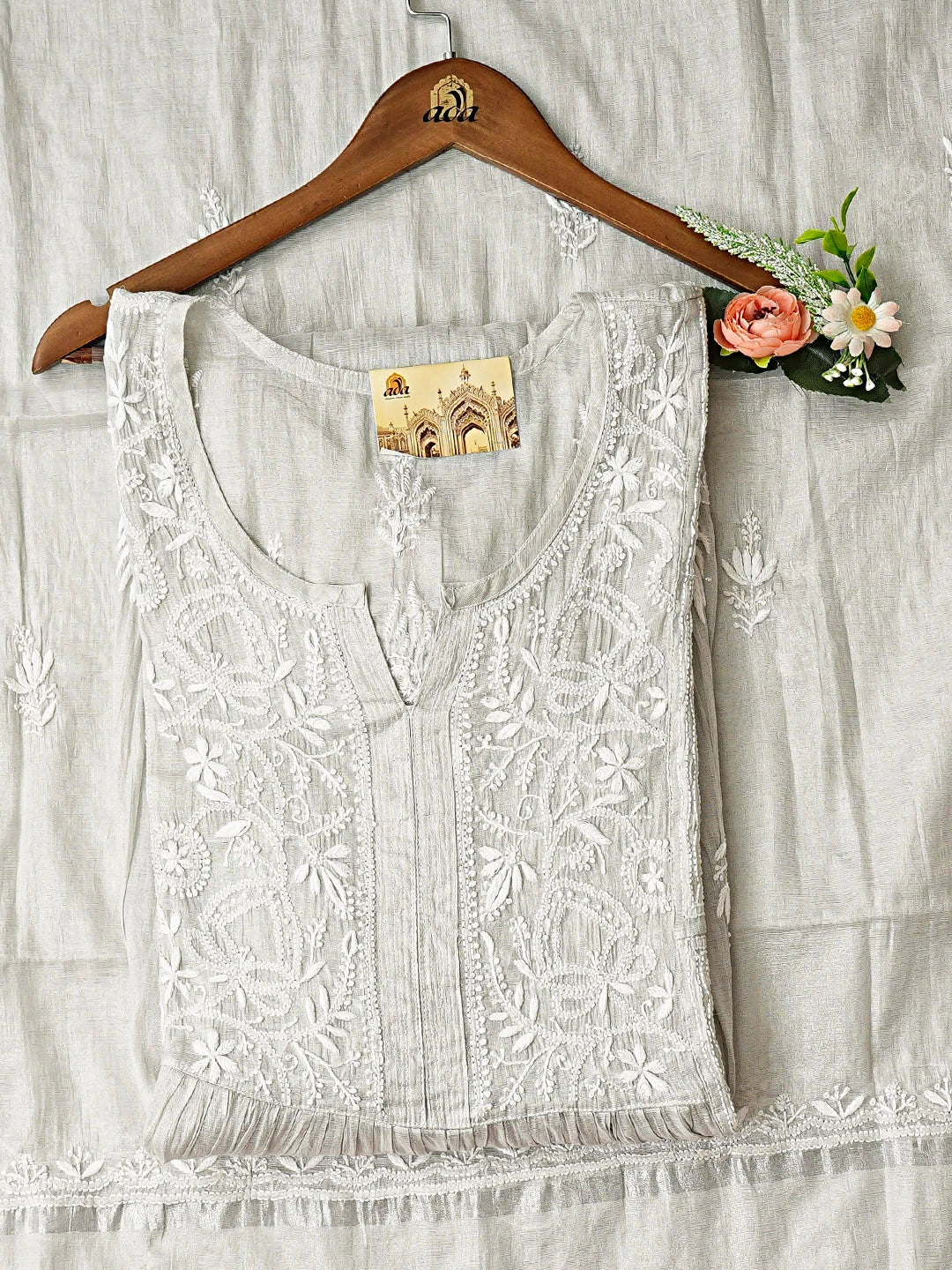 Ada Hand Embroidered Grey Tissue Lucknowi Chikankari Semi-Stitched Kurta Dupatta Set 01A912366