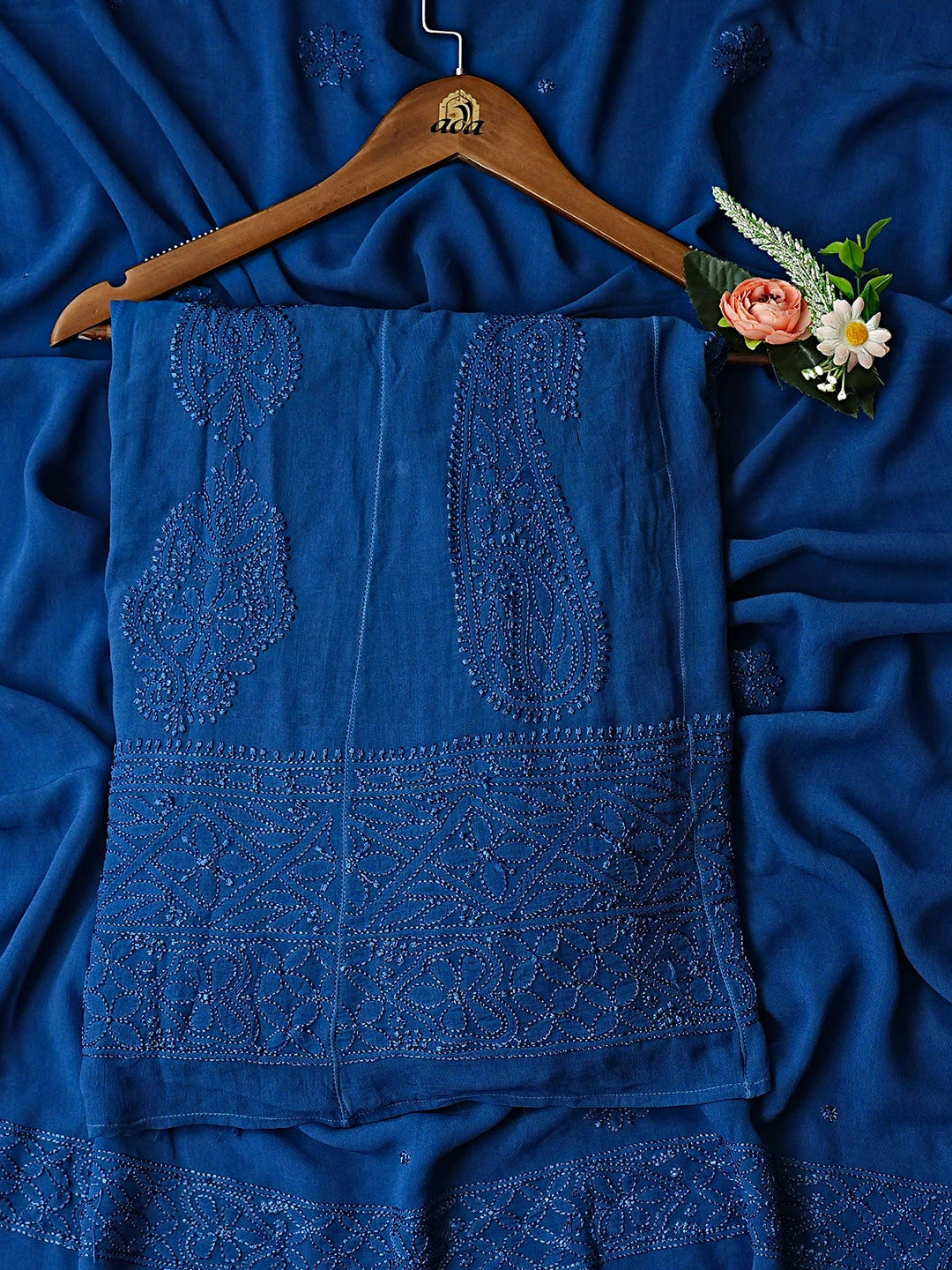Ada Hand Embroidered Blue Viscose Georgette Lucknowi Chikankari Semi-Stitched Anarkali Kurta Dupatta Set 01A901360