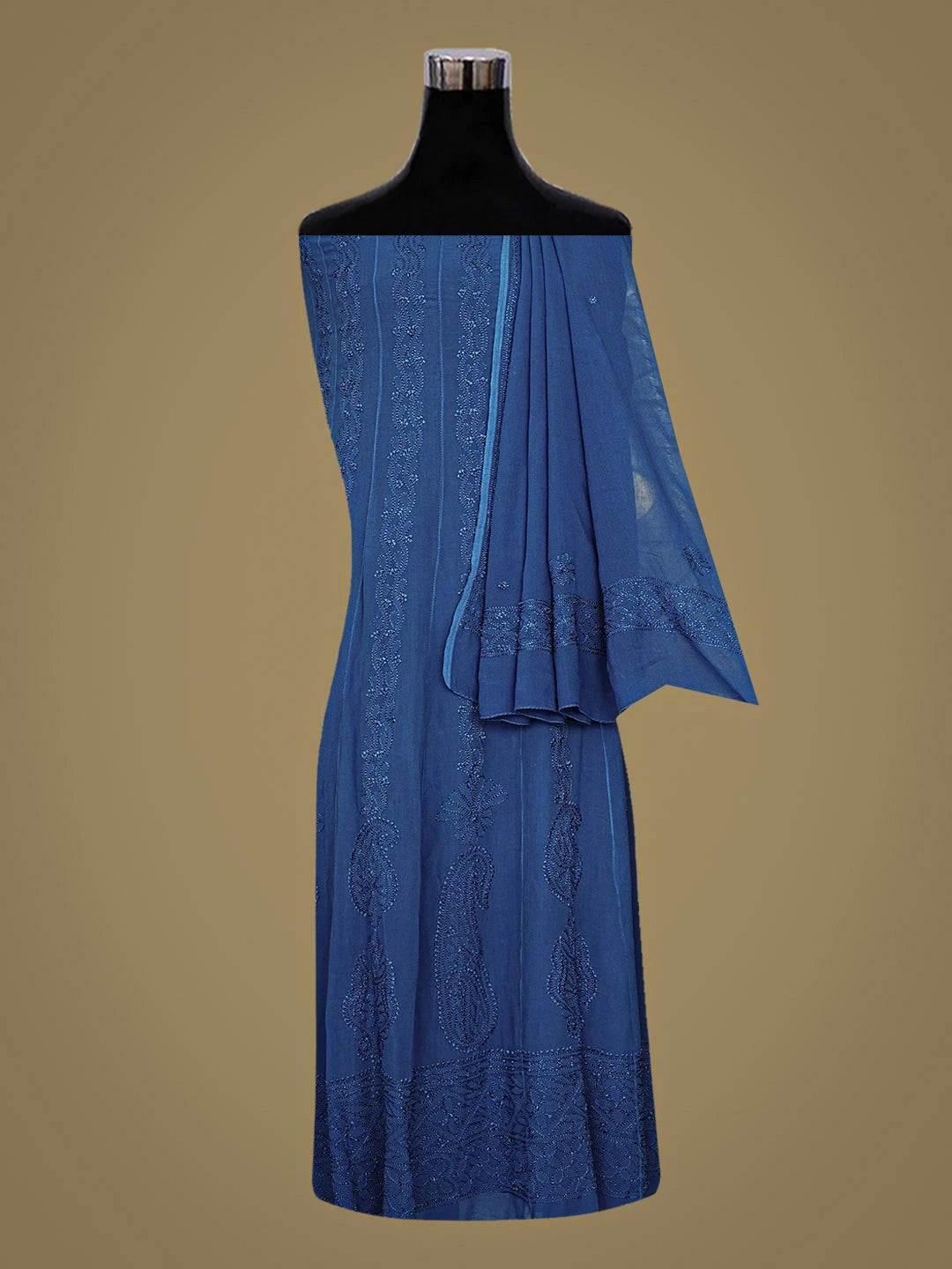 Ada Hand Embroidered Blue Viscose Georgette Lucknowi Chikankari Semi-Stitched Anarkali Kurta Dupatta Set 01A901360