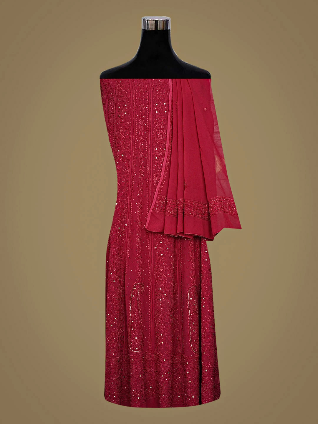 Ada Hand Embroidered Maroon Viscose Georgette Lucknowi Chikankari Semi-Stitched Anarkali Kurta Dupatta Set With Muqaish Work 01A901445