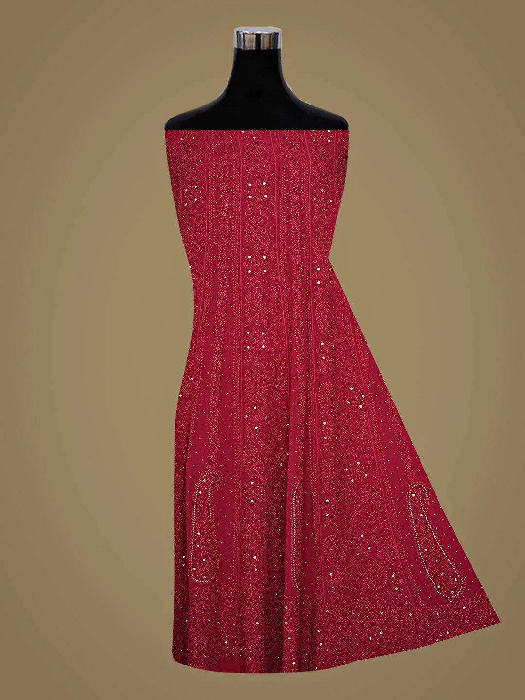 Ada Hand Embroidered Maroon Viscose Georgette Lucknowi Chikankari Semi-Stitched Anarkali Kurta Dupatta Set With Muqaish Work 01A901445
