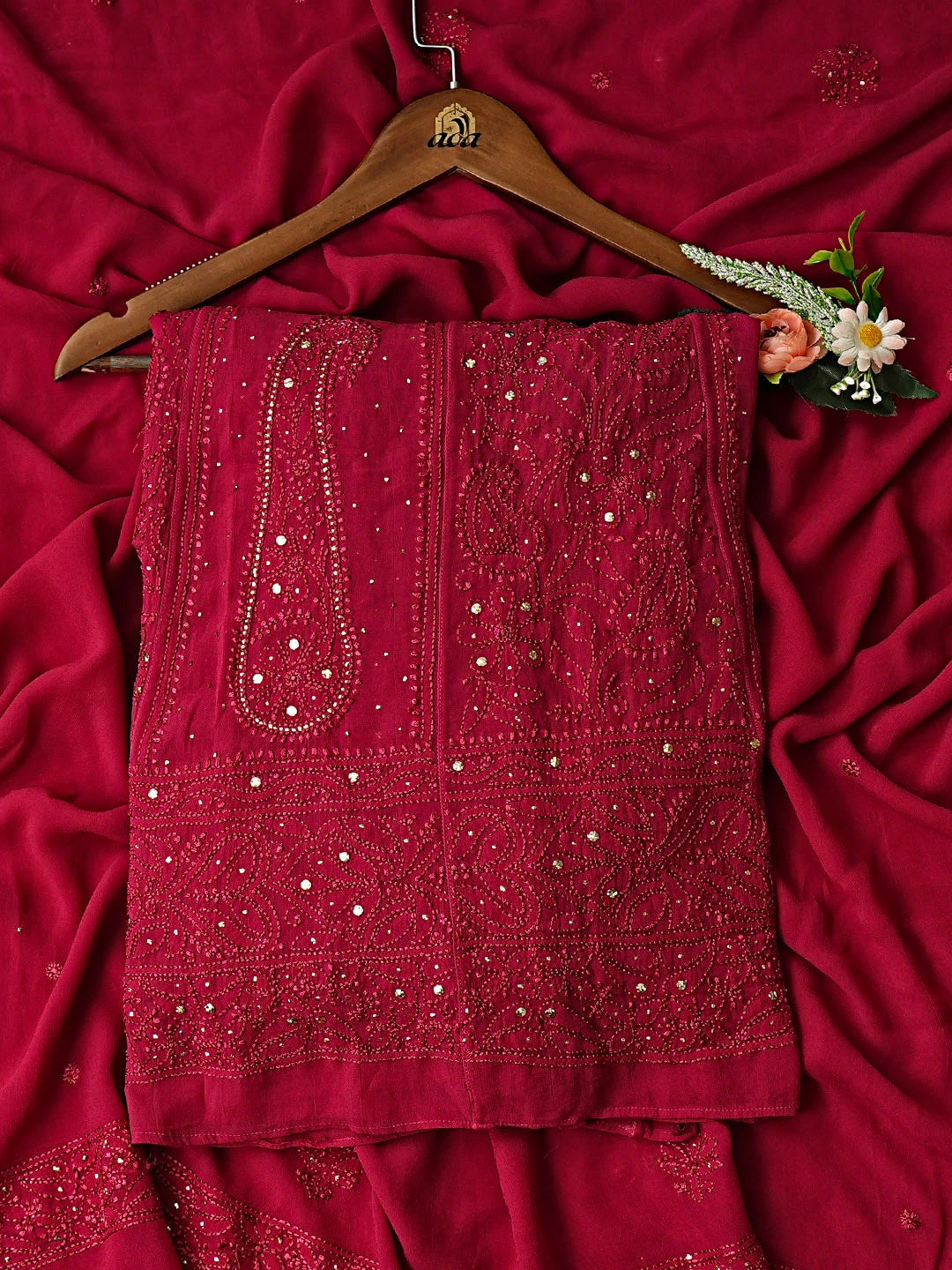 Ada Hand Embroidered Maroon Viscose Georgette Lucknowi Chikankari Semi-Stitched Anarkali Kurta Dupatta Set With Muqaish Work 01A901445