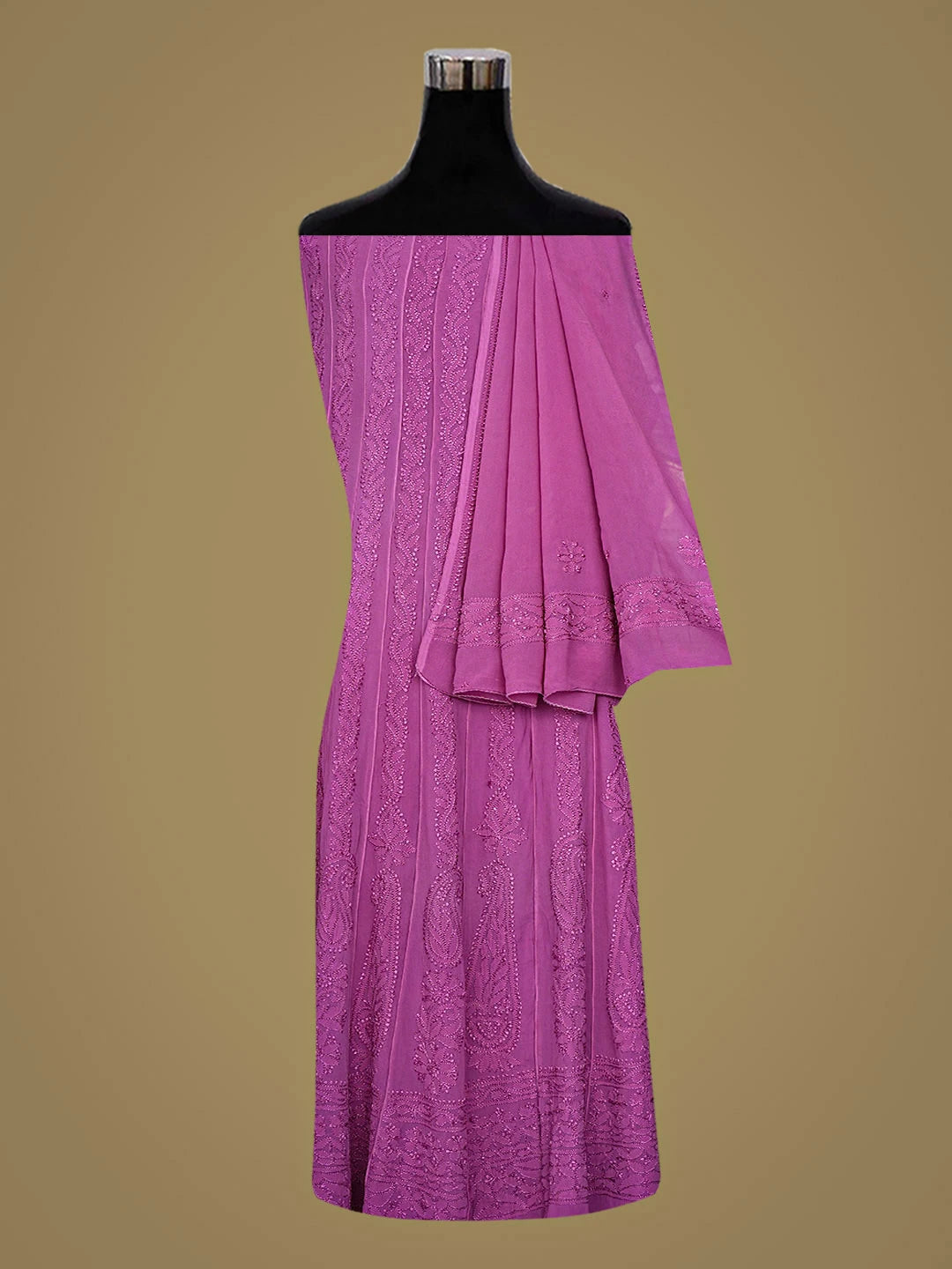 Ada Hand Embroidered Purple Viscose Georgette Lucknowi Chikankari Semi-Stitched Anarkali Kurta Dupatta Set 01A879040