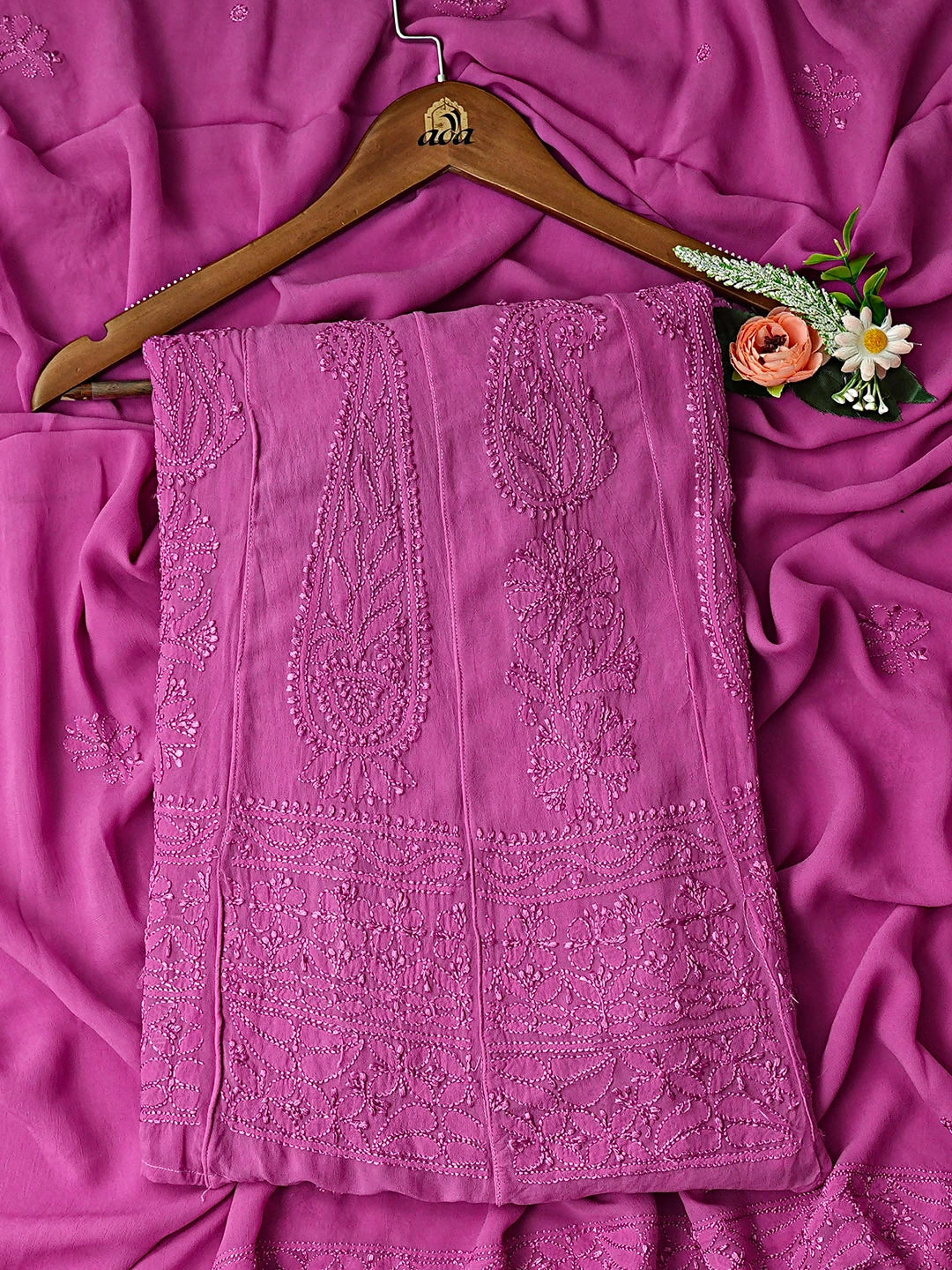 Ada Hand Embroidered Purple Viscose Georgette Lucknowi Chikankari Semi-Stitched Anarkali Kurta Dupatta Set 01A879040