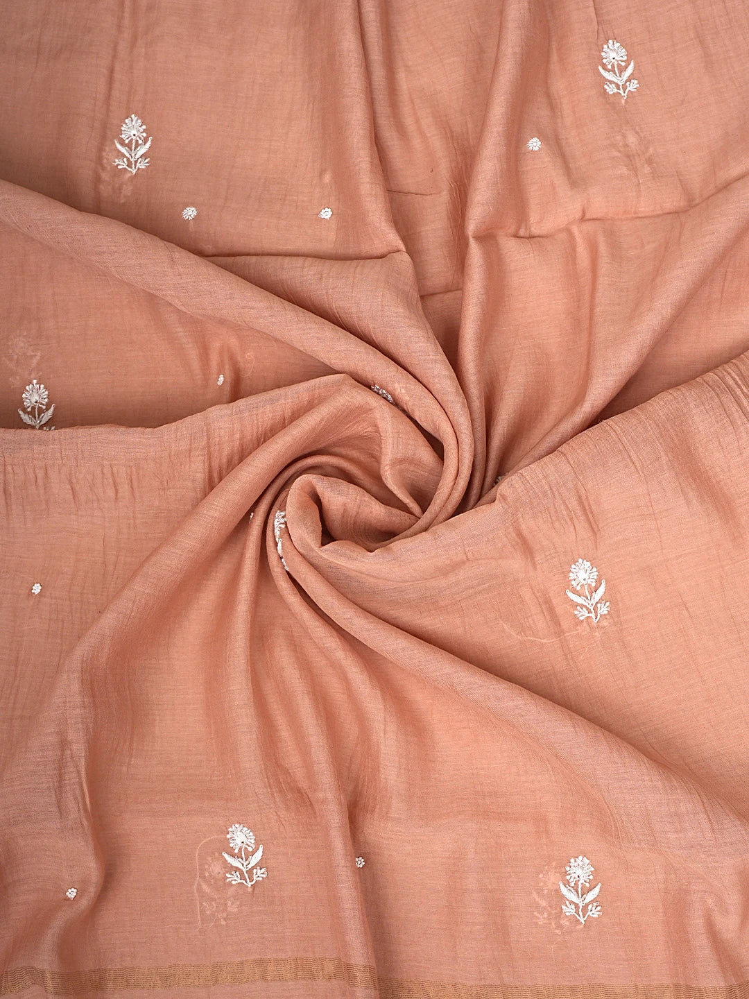 Ada Hand Embroidered Creamy Peach Chanderi Lucknowi Chikankari Unstitched Kurta Dupatta Set With Cutdana Work 01A906914