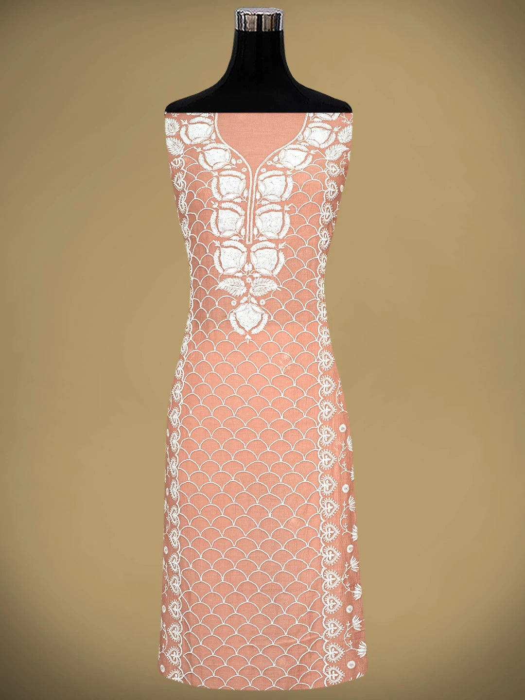 Ada Hand Embroidered Creamy Peach Chanderi Lucknowi Chikankari Unstitched Kurta Dupatta Set With Cutdana Work 01A906914