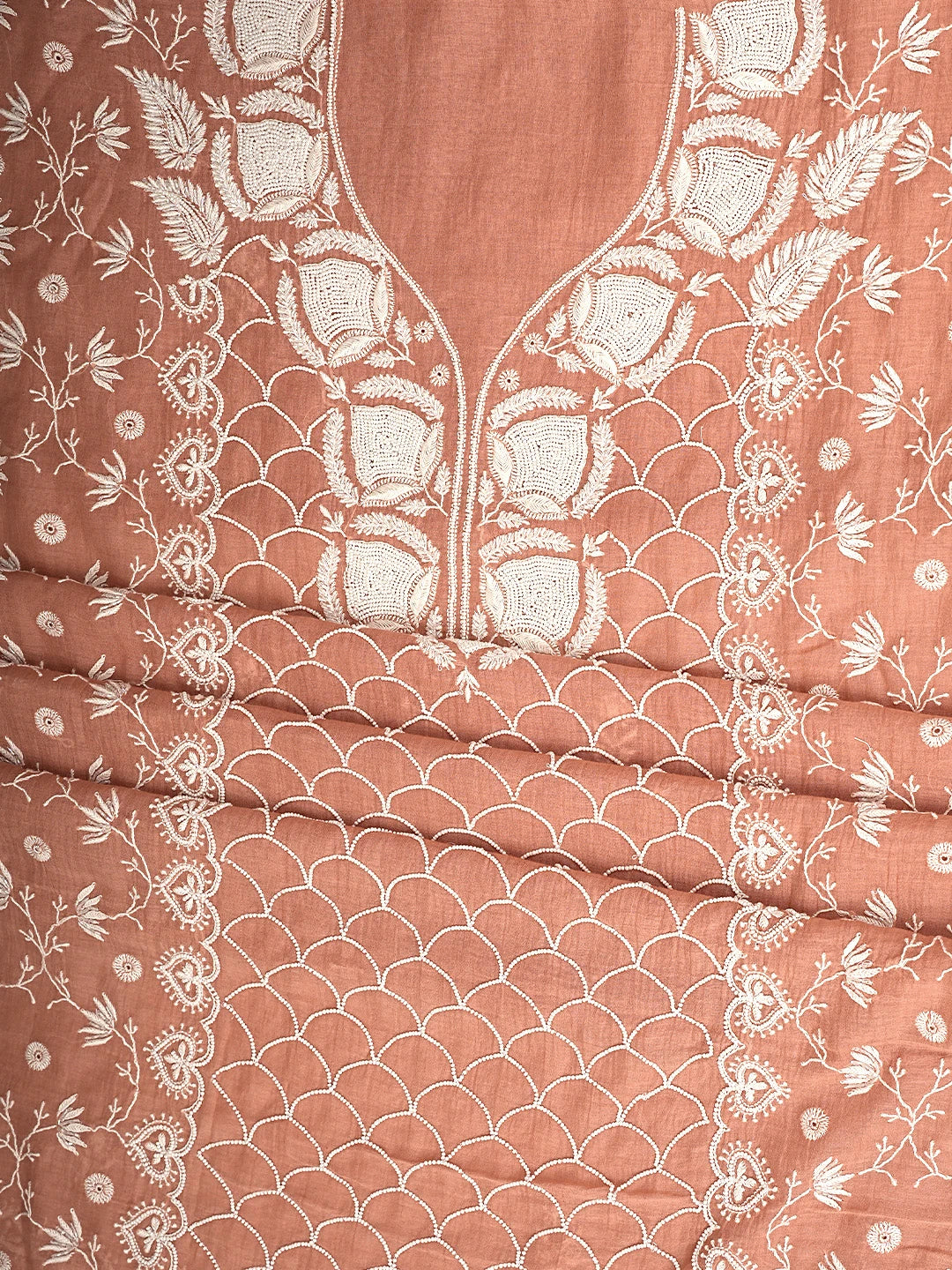 Ada Hand Embroidered Creamy Peach Chanderi Lucknowi Chikankari Unstitched Kurta Dupatta Set With Cutdana Work 01A906914