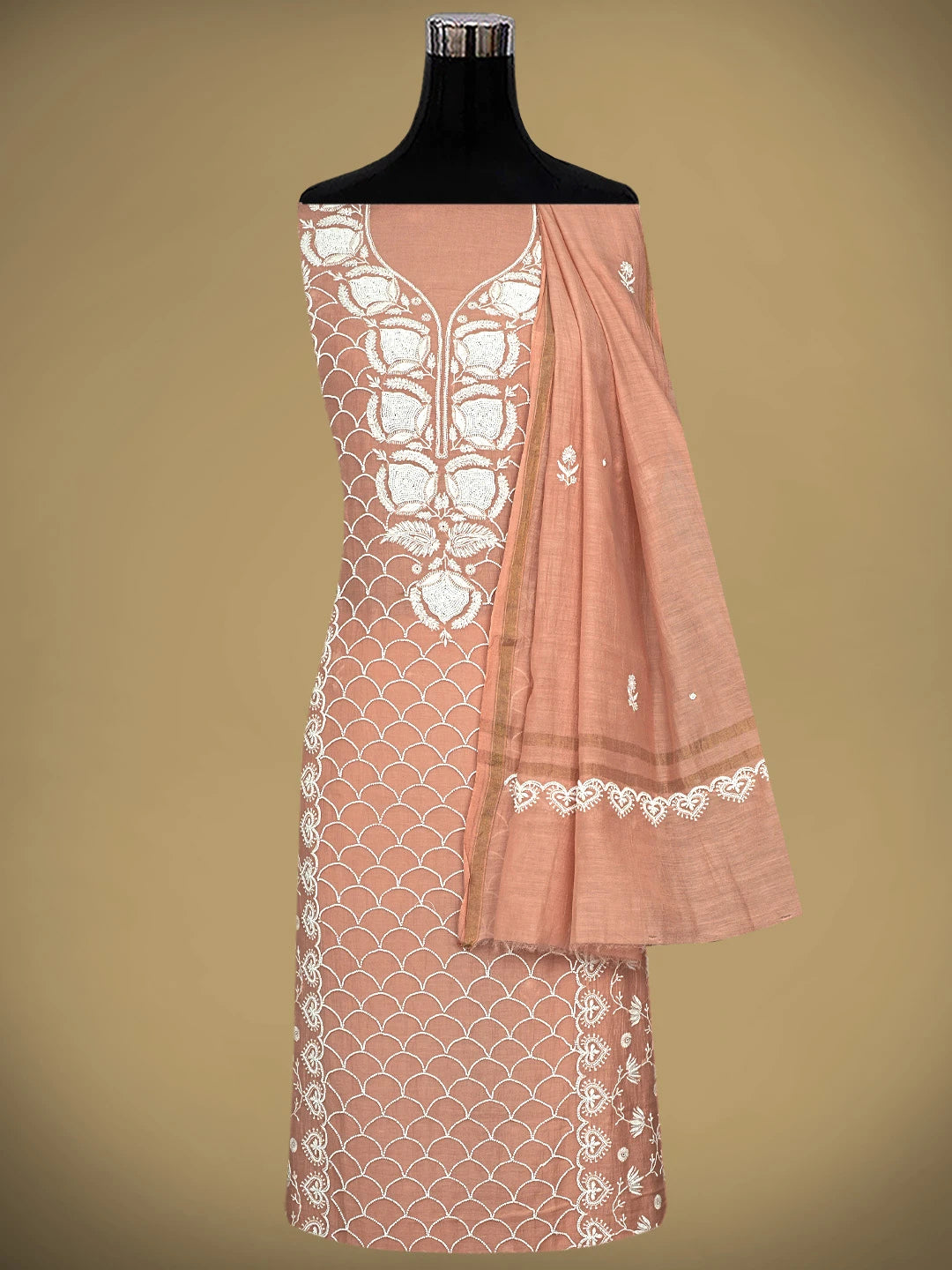 Ada Hand Embroidered Creamy Peach Chanderi Lucknowi Chikankari Unstitched Kurta Dupatta Set With Cutdana Work 01A906914