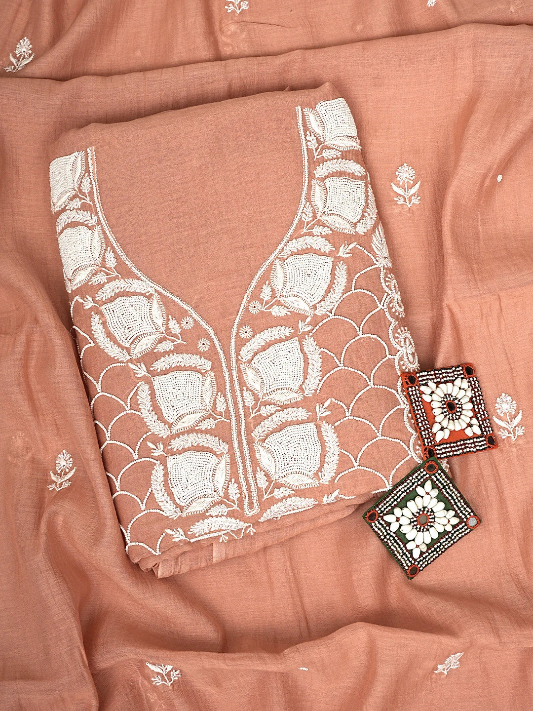 Ada Hand Embroidered Creamy Peach Chanderi Lucknowi Chikankari Unstitched Kurta Dupatta Set With Cutdana Work 01A906914