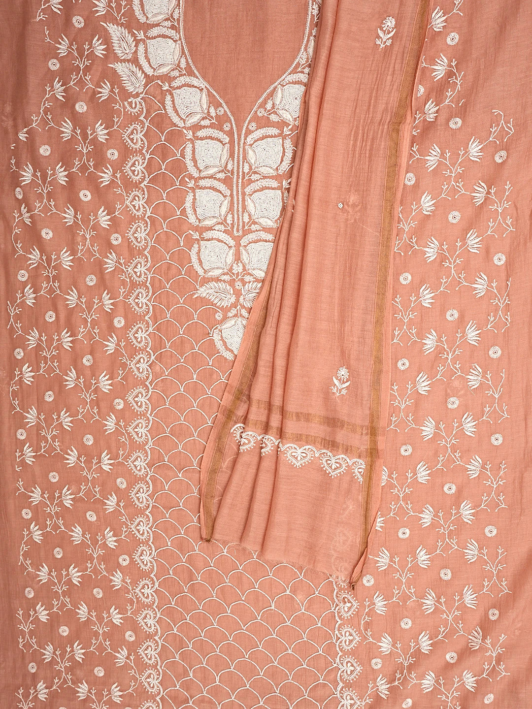 Ada Hand Embroidered Creamy Peach Chanderi Lucknowi Chikankari Unstitched Kurta Dupatta Set With Cutdana Work 01A906914