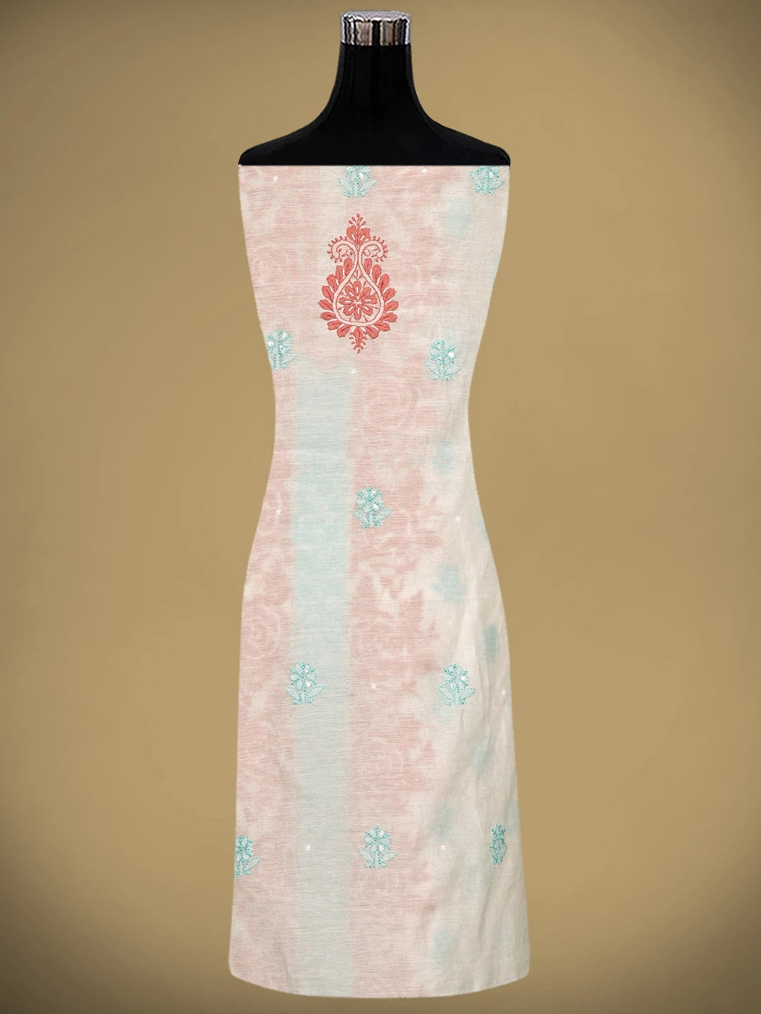 Ada Hand Embroidered White Ivory Cream Chanderi Lucknowi Chikankari Unstitched Kurta Dupatta Set With Pearl Work 01A897570