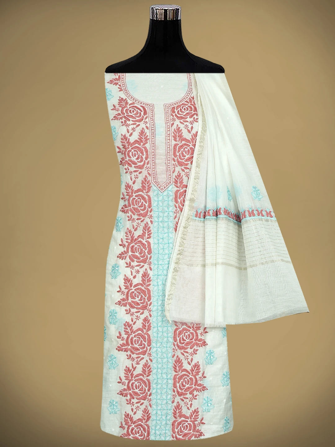 Ada Hand Embroidered White Ivory Cream Chanderi Lucknowi Chikankari Unstitched Kurta Dupatta Set With Pearl Work 01A897570