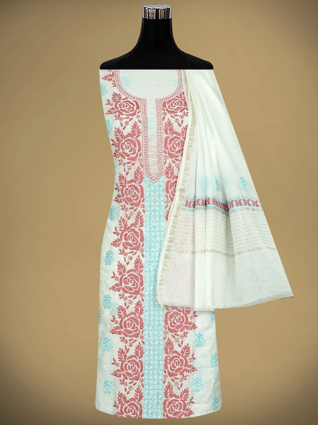 Ada Hand Embroidered White Ivory Cream Chanderi Lucknowi Chikankari Unstitched Kurta Dupatta Set With Pearl Work 01A897570