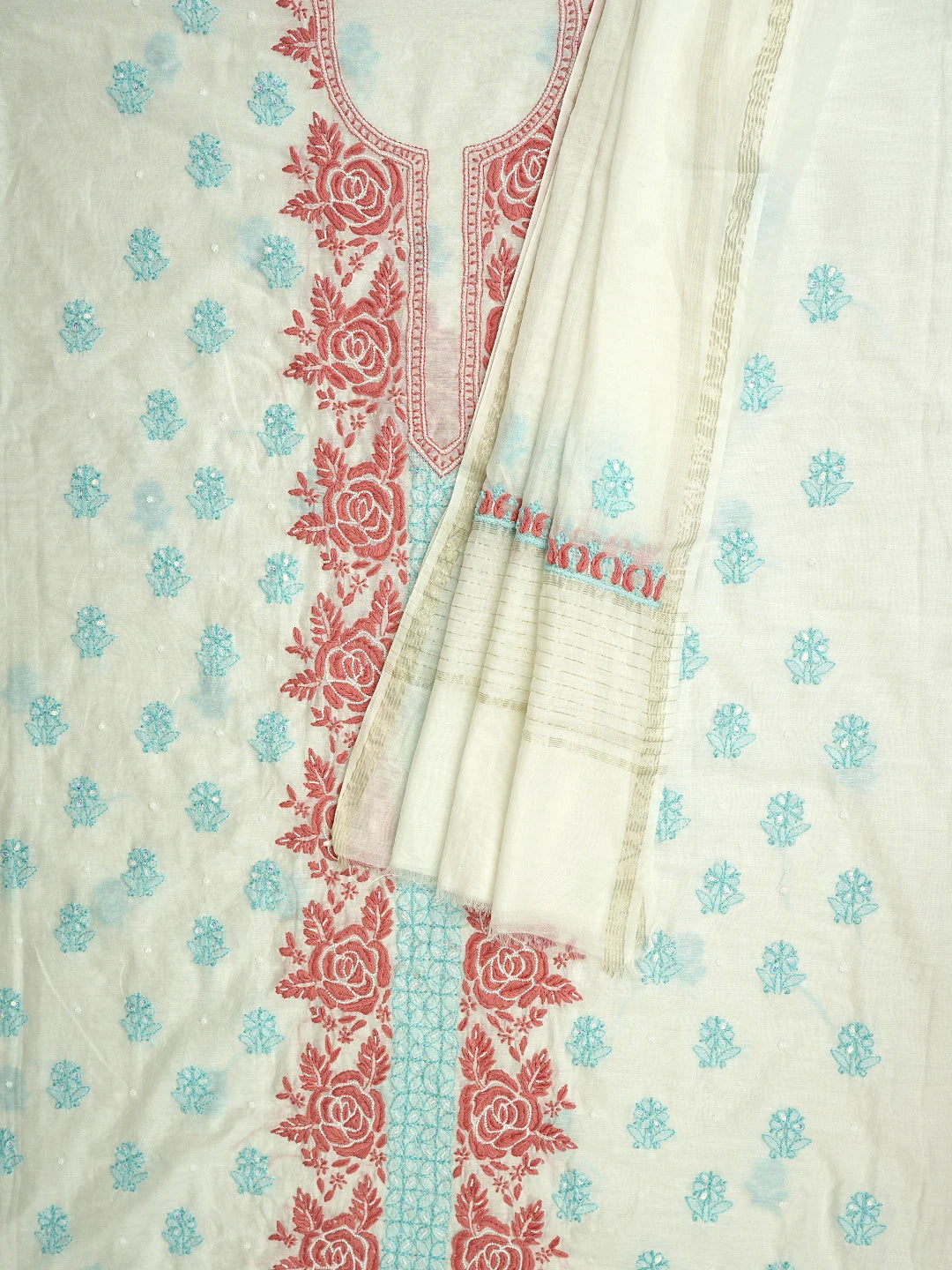 Ada Hand Embroidered White Ivory Cream Chanderi Lucknowi Chikankari Unstitched Kurta Dupatta Set With Pearl Work 01A897570