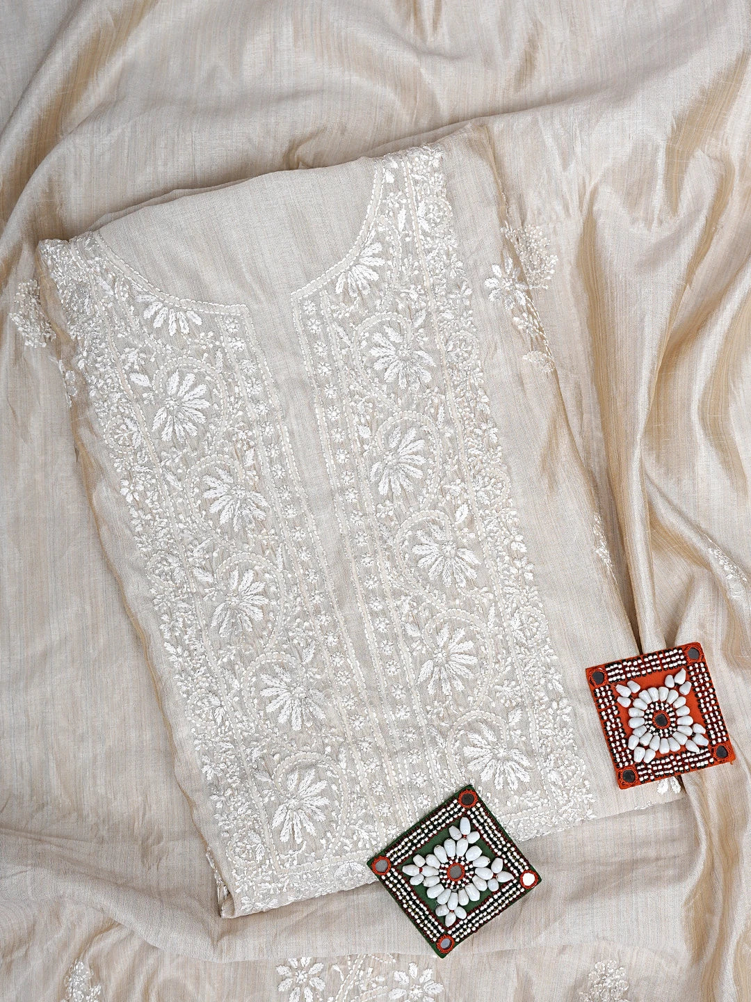 Ada Hand Embroidered Fawn Silk Lucknowi Chikankari Unstitched Kurta Dupatta Set 01A915458