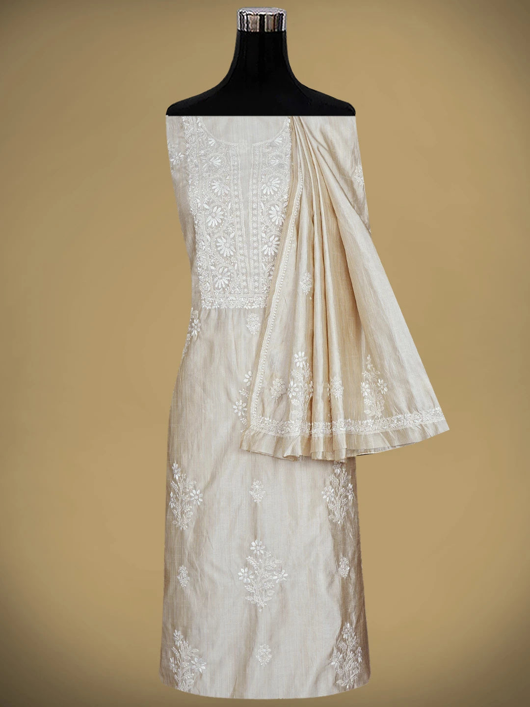 Ada Hand Embroidered Fawn Silk Lucknowi Chikankari Unstitched Kurta Dupatta Set 01A915458