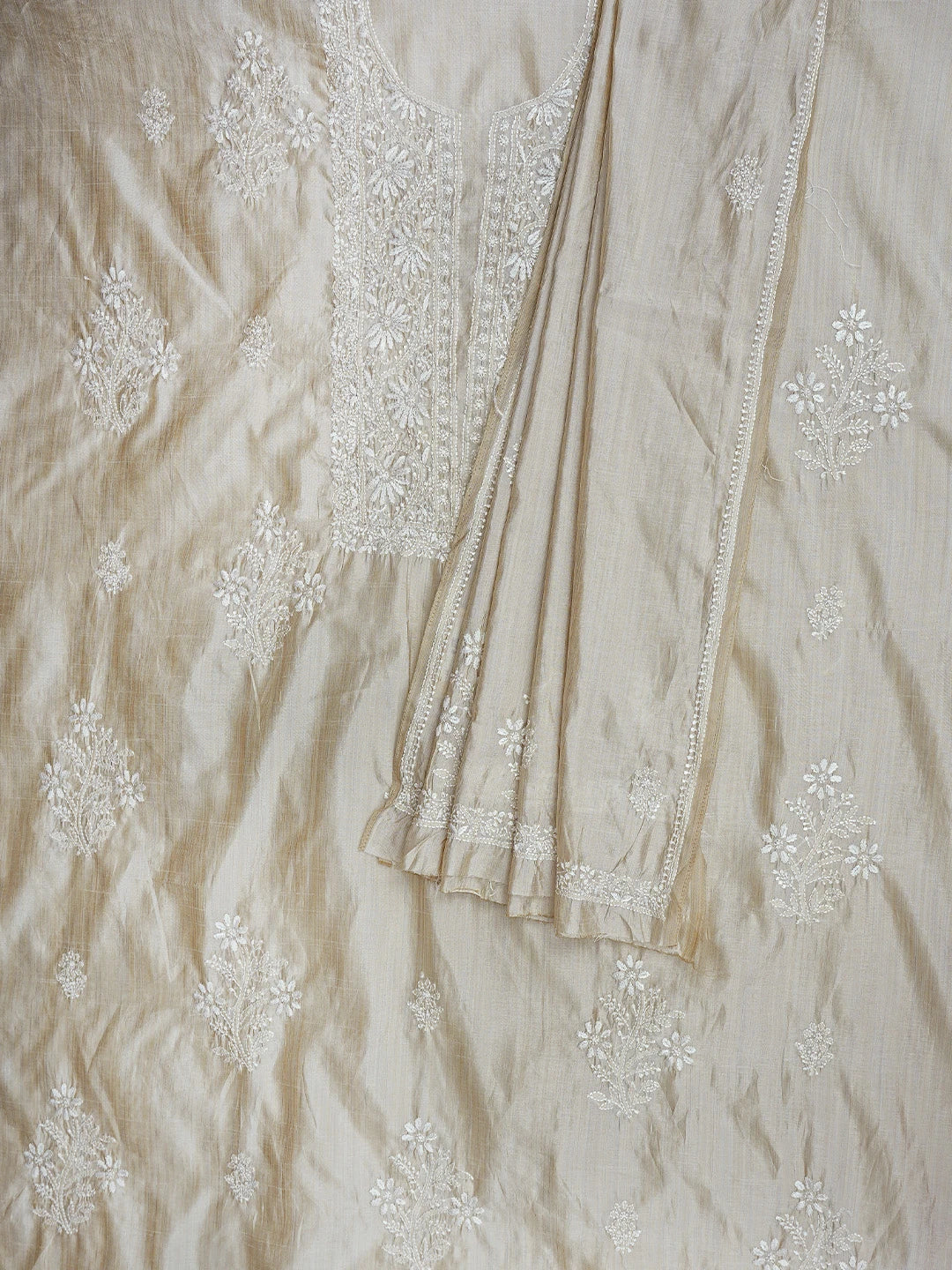 Ada Hand Embroidered Fawn Silk Lucknowi Chikankari Unstitched Kurta Dupatta Set 01A915458