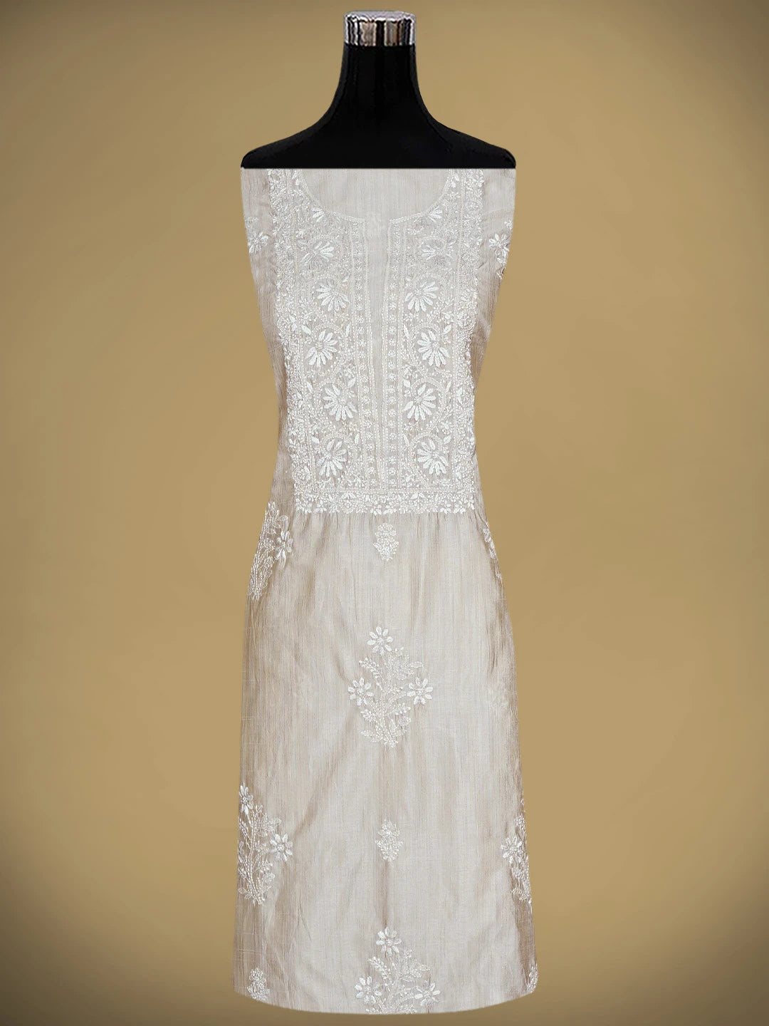 Ada Hand Embroidered Fawn Silk Lucknowi Chikankari Unstitched Kurta Dupatta Set 01A915458