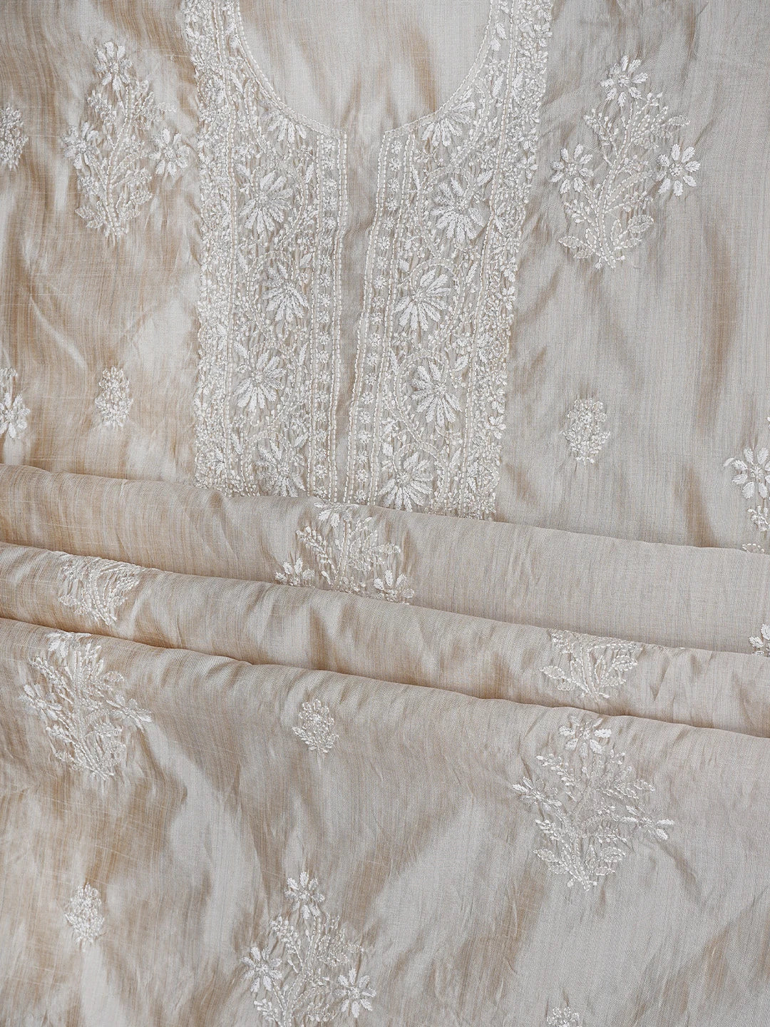 Ada Hand Embroidered Fawn Silk Lucknowi Chikankari Unstitched Kurta Dupatta Set 01A915458