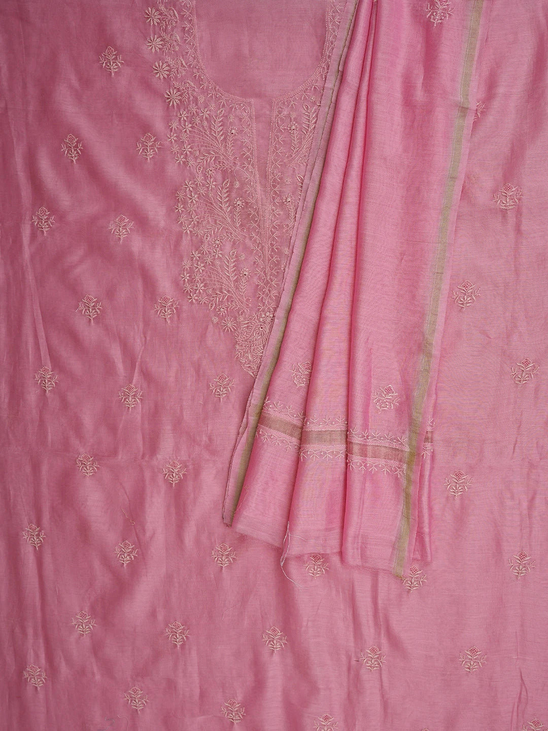 Ada Hand Embroidered Pink Mist Chanderi Lucknowi Chikankari Unstitched Kurta Dupatta Set 01A869383