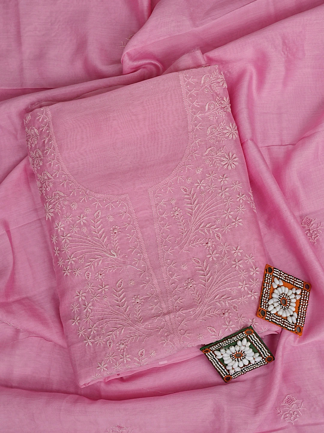 Ada Hand Embroidered Pink Mist Chanderi Lucknowi Chikankari Unstitched Kurta Dupatta Set 01A869383
