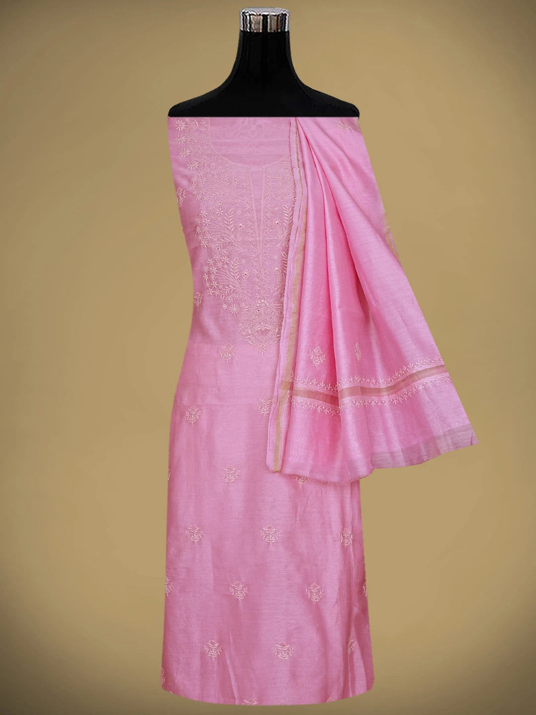 Ada Hand Embroidered Pink Mist Chanderi Lucknowi Chikankari Unstitched Kurta Dupatta Set 01A869383