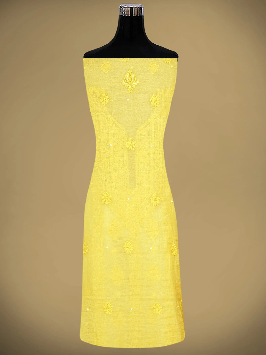 Ada Hand Embroidered Sunbeam Yellow Chanderi Lucknowi Chikankari Unstitched Kurta Dupatta Set With Cutdana Work 01A850075
