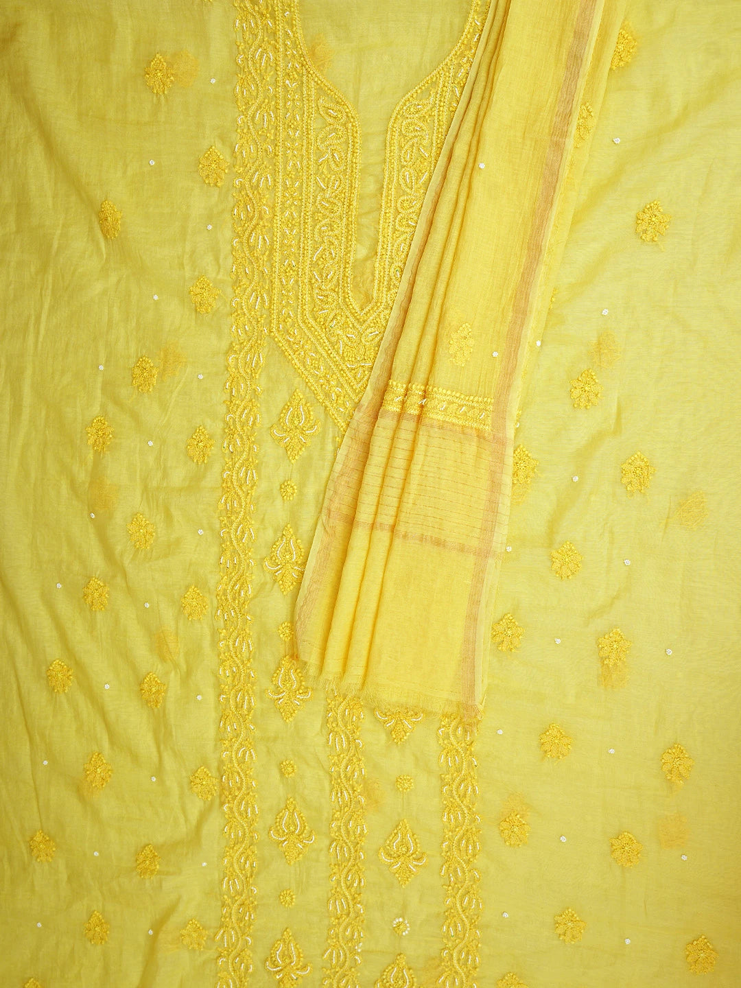 Ada Hand Embroidered Sunbeam Yellow Chanderi Lucknowi Chikankari Unstitched Kurta Dupatta Set With Cutdana Work 01A850075