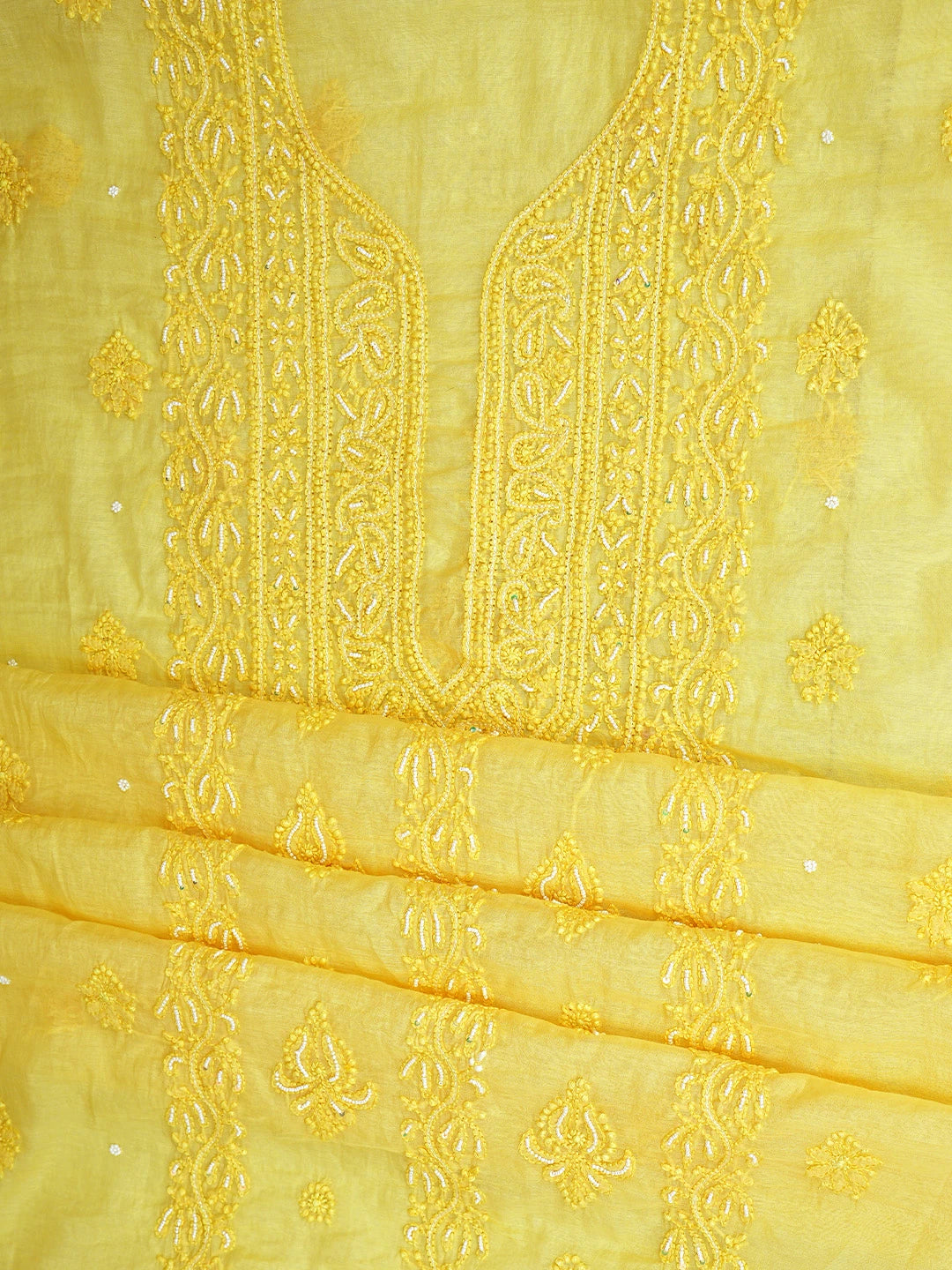 Ada Hand Embroidered Sunbeam Yellow Chanderi Lucknowi Chikankari Unstitched Kurta Dupatta Set With Cutdana Work 01A850075